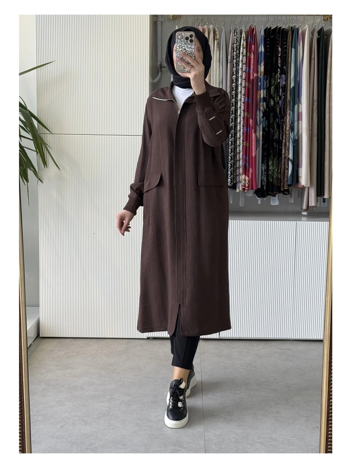 FUAT GÜRSEN Fuat Gürsen Kırıştırma Kumaş Önden Fermuarlı Tasarım Kap Kahve 5607