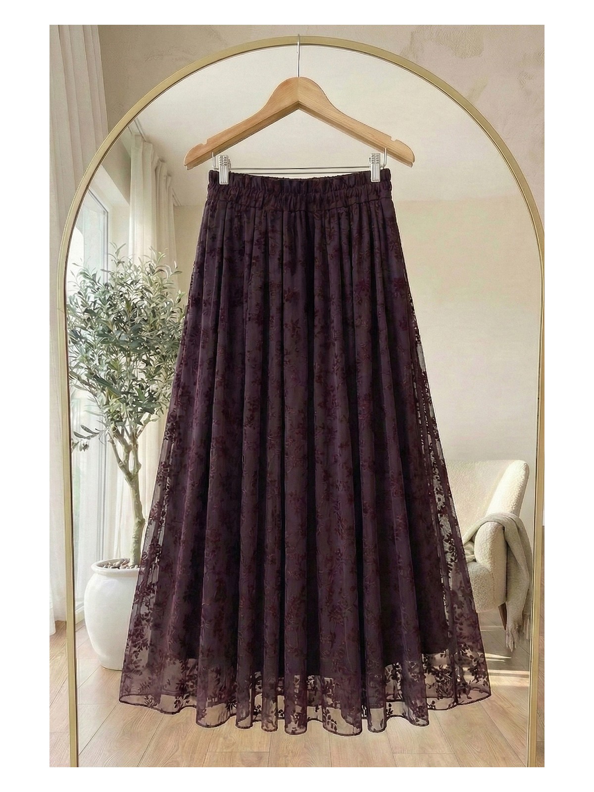 inStyle Çiçekli Flok Tül Astarlı Bordo Etek