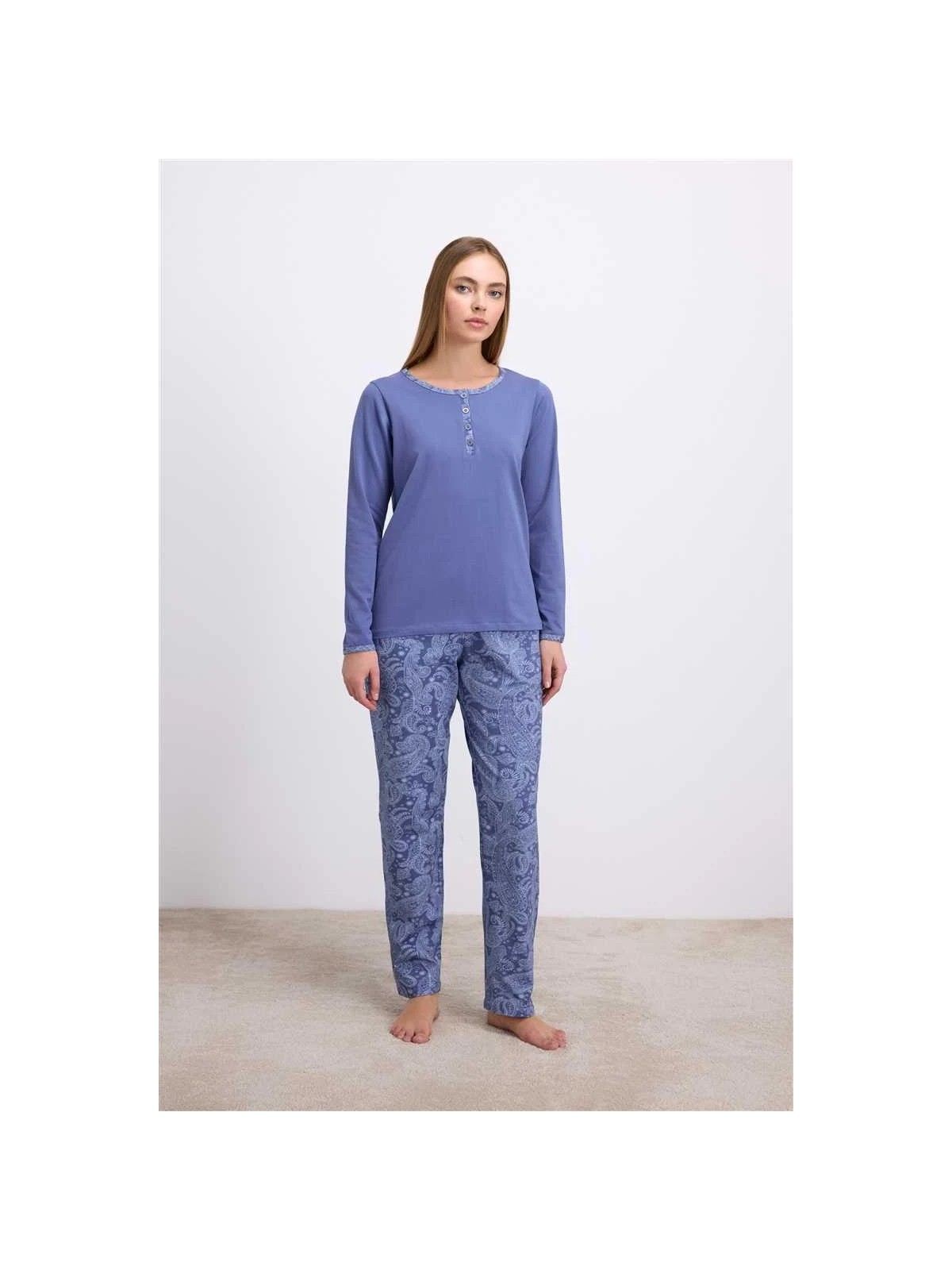 Pileli Store %95 Pamuklu Uzun Kollu T-Shirt ve Desenli Pantolon Pijama Takımı