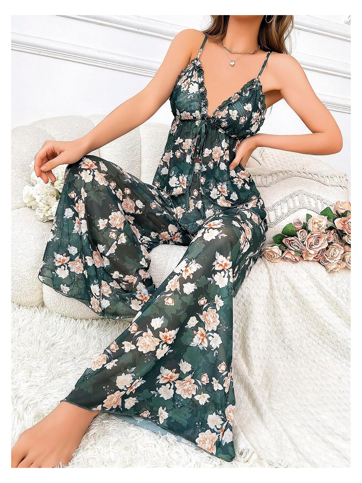 Pileli Store Özel Tasarım Çiçek Desenli Salaş Kesim 2'li Takım