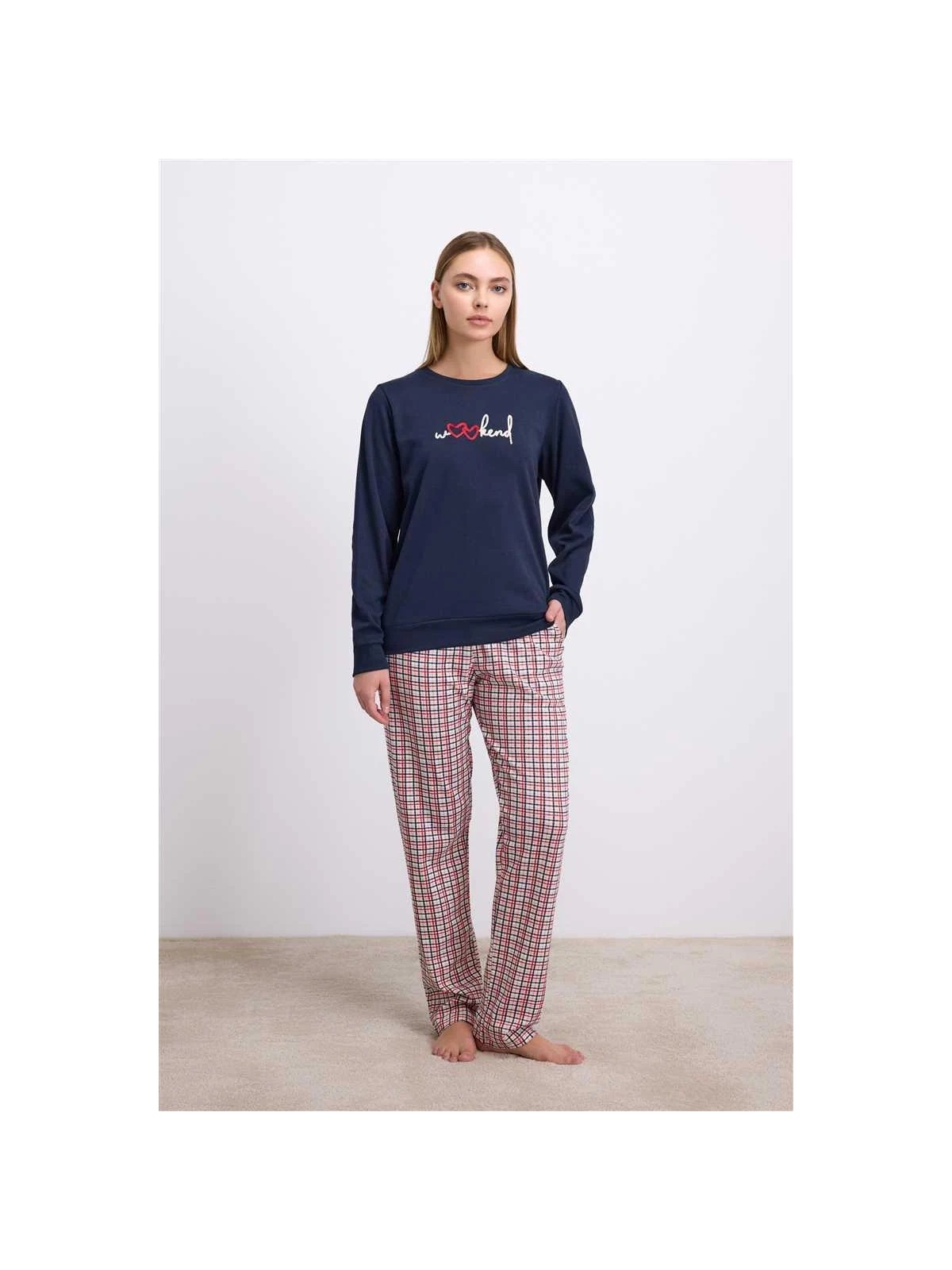 Pileli Store %100 Pamuklu Uzun Kol Sweatshirt ve Ekose Pantolon Pijama Takımı