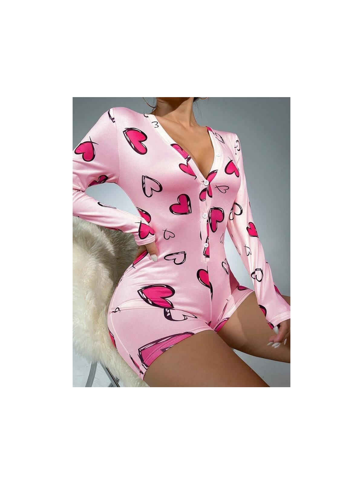Pileli Store Pamuklu Pembe Kalp Desenli Düğmeli Uzun Kol Tulum Pijama