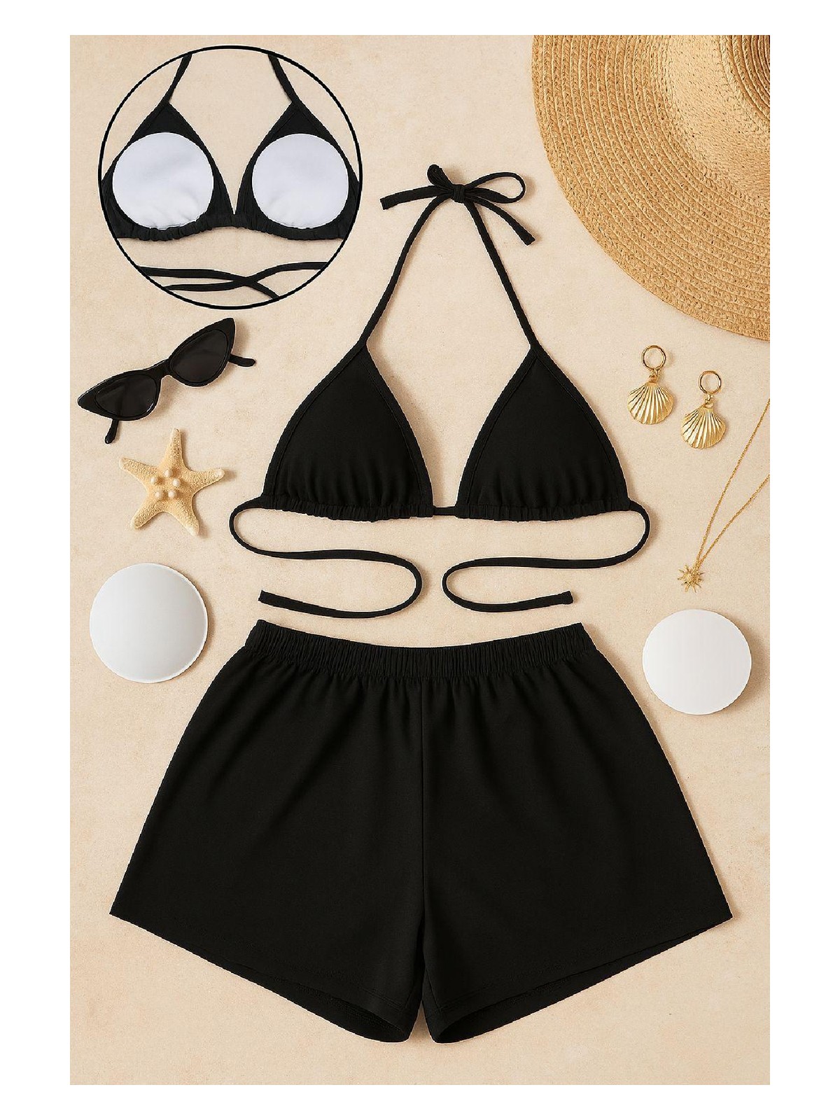 Pileli Store Kadın Siyah Şortlu Belden ve Boyundan Bağlamalı Bikini Takımı