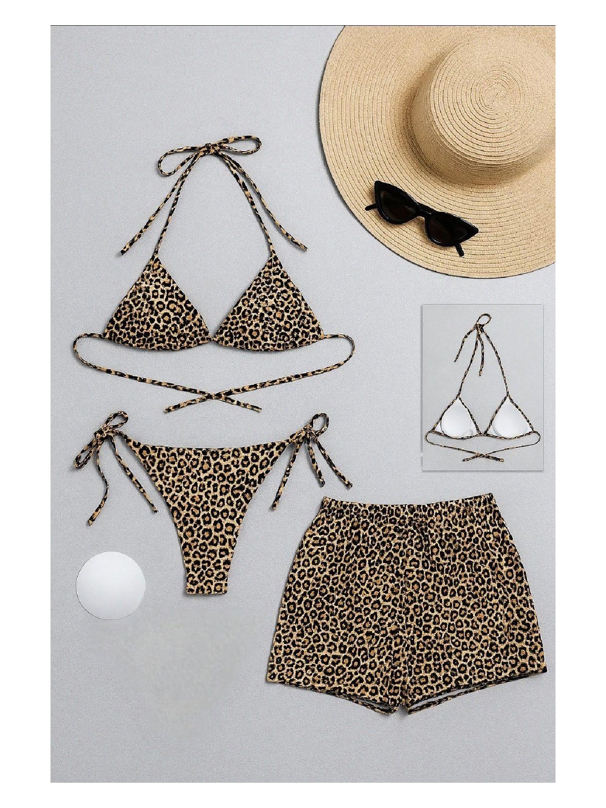 Pileli Store Kadın 3'lü Set Leopar Desenli Şortlu ve Yandan Bağlamalı Bikini Mayo Takımı