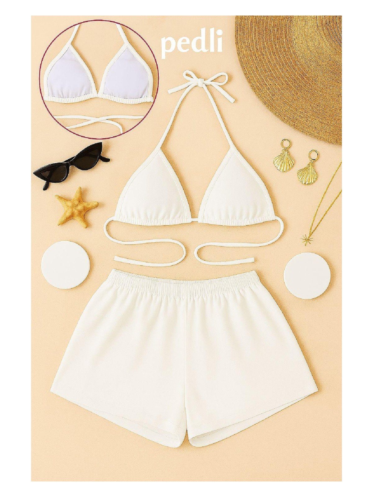 Pileli Store Kadın Beyaz Şortlu Belden ve Boyundan Bağlamalı Bikini Takımı