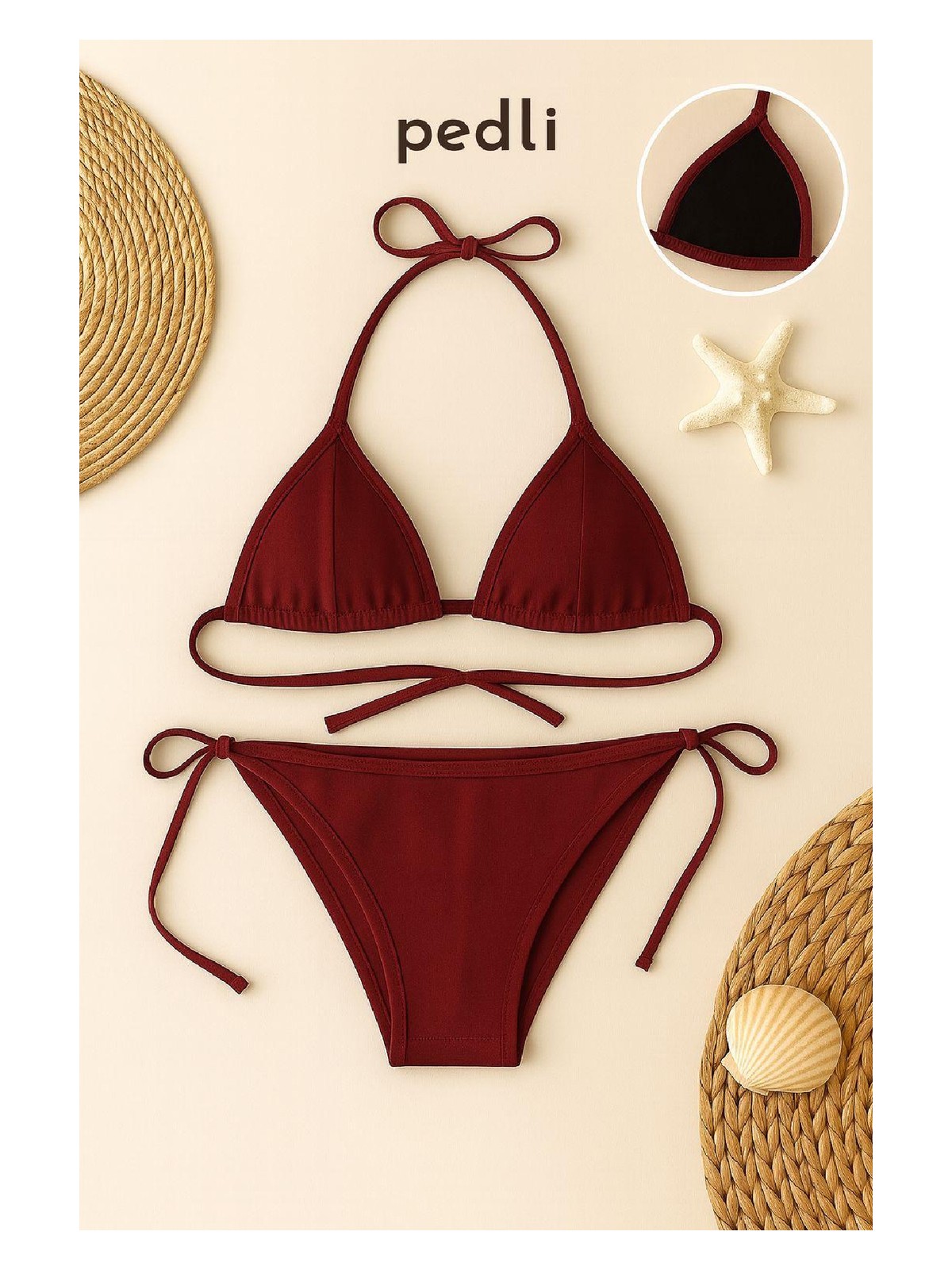 Pileli Store Kadın Bordo Yandan ve Boyundan Bağlamalı Bikini Mayo Takımı