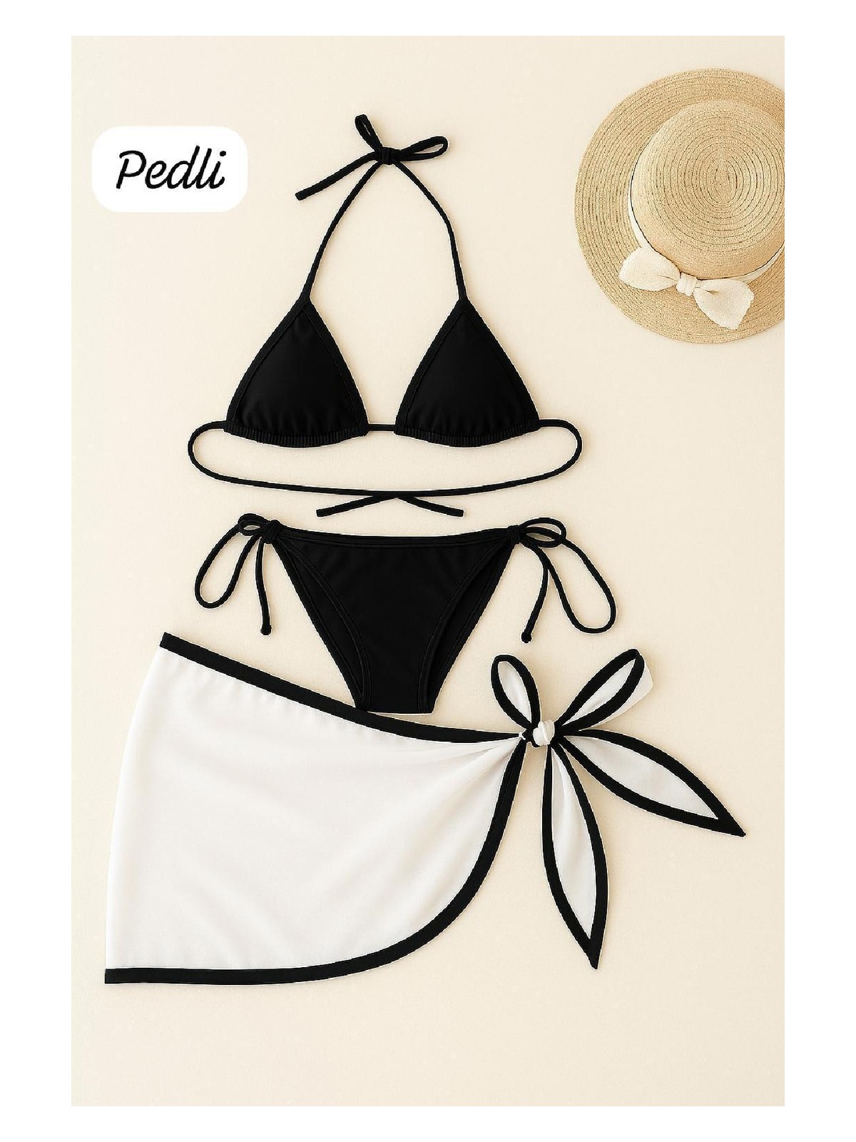 Pileli Store Kadın Siyah Beyaz Pareolu Yandan ve Boyundan Bağlamalı 3'lü Bikini Takımı