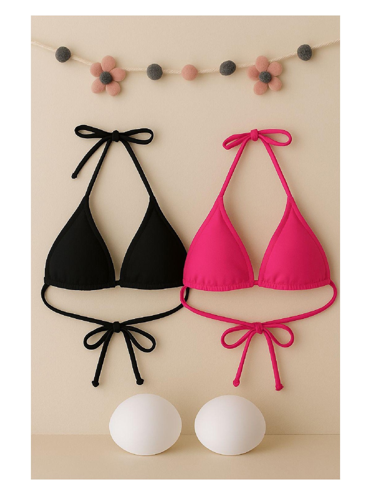 Pileli Store Kadın Siyah ve Fuşya Minimal Kesim Üçgen Bikini Üstü