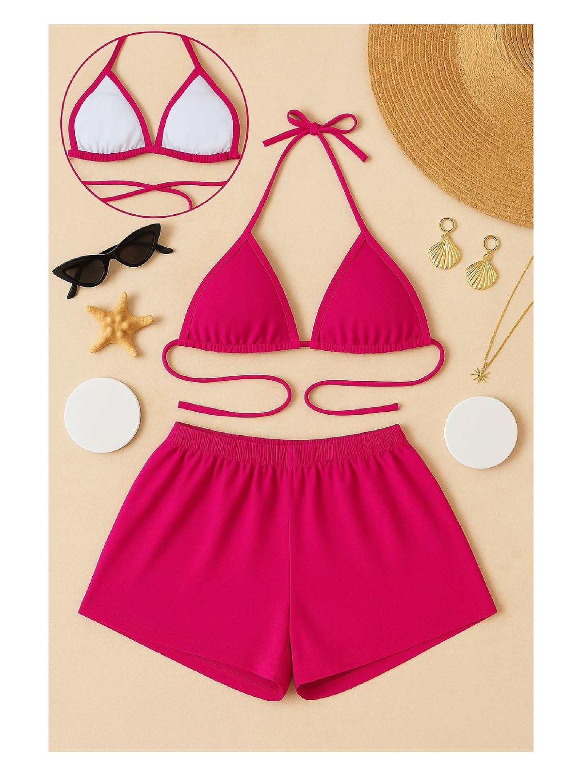 Pileli Store Kadın Fuşya Şortlu Belden ve Boyundan Bağlamalı Bikini Takımı