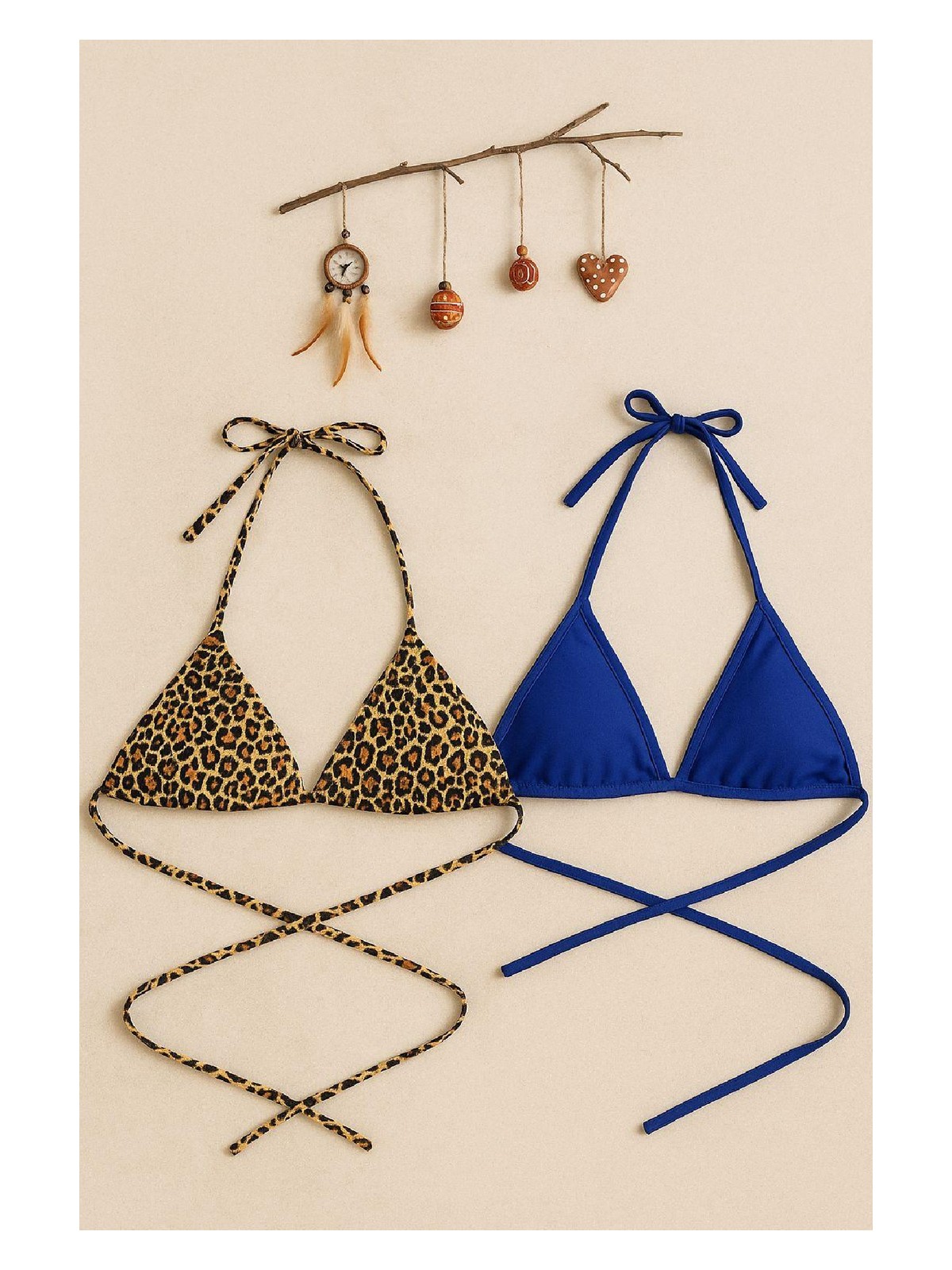 Pileli Store Kadın Leopar Desenli ve Mavi Minimal Kesim Üçgen Bikini Üstü