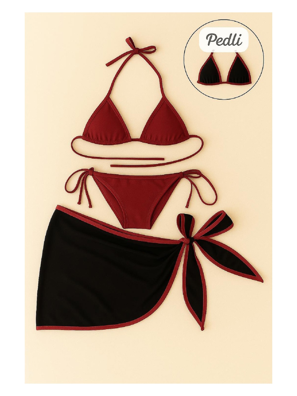 Pileli Store Kadın Bordo Siyah Pareolu Yandan ve Boyundan Bağlamalı 3'lü Bikini Takımı