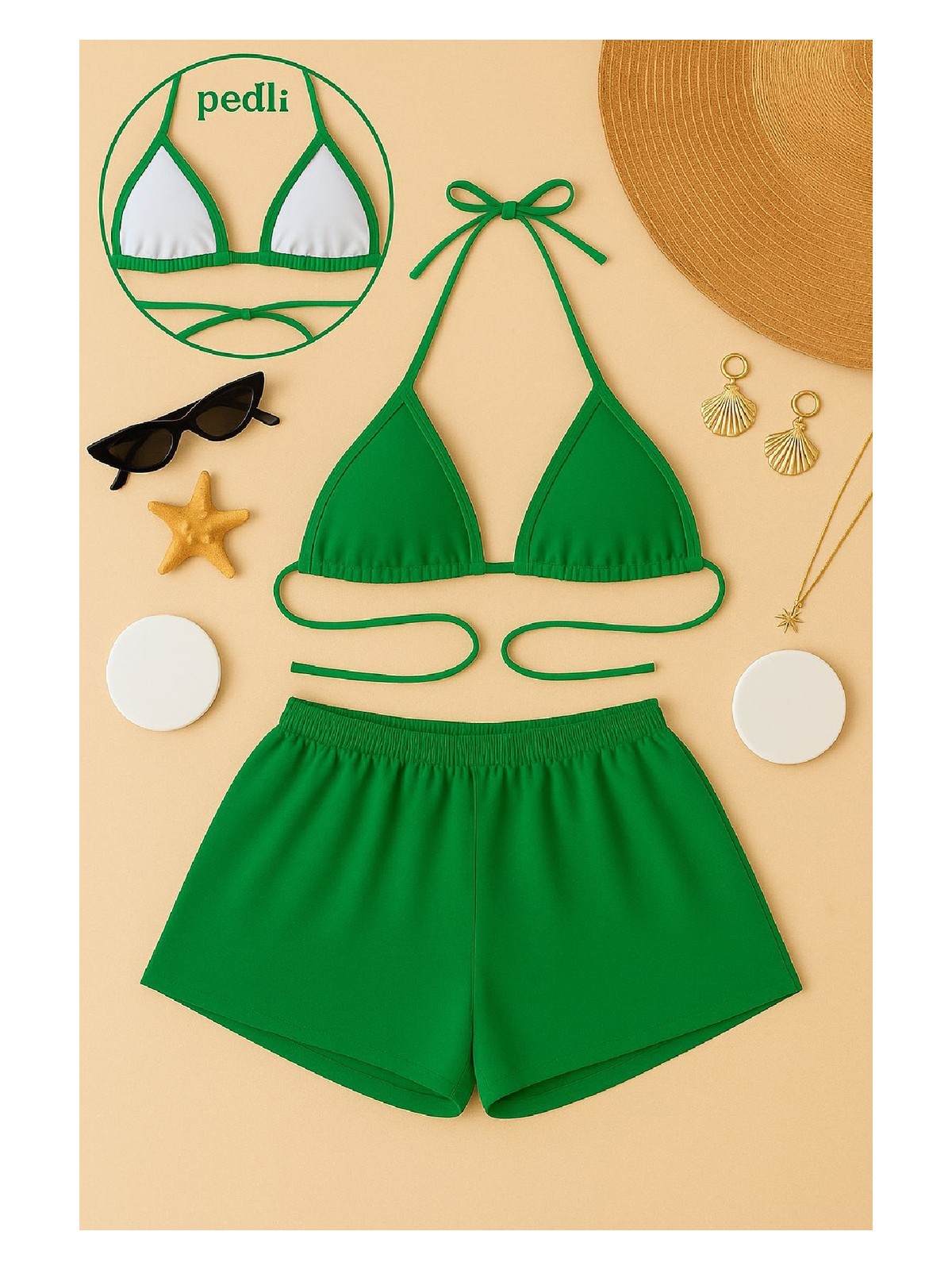 Pileli Store Kadın Yeşil Şortlu Belden ve Boyundan Bağlamalı Bikini Takımı