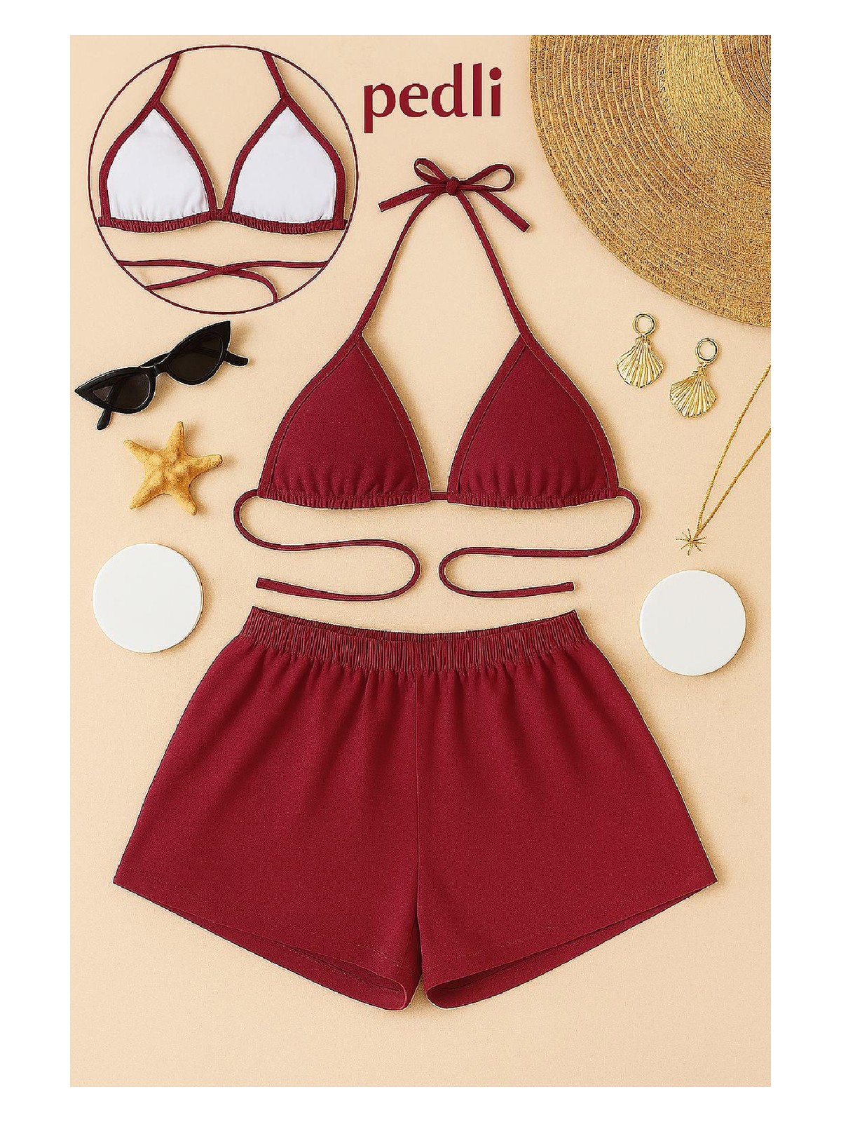 Pileli Store Kadın Bordo Şortlu Belden ve Boyundan Bağlamalı Bikini Takımı