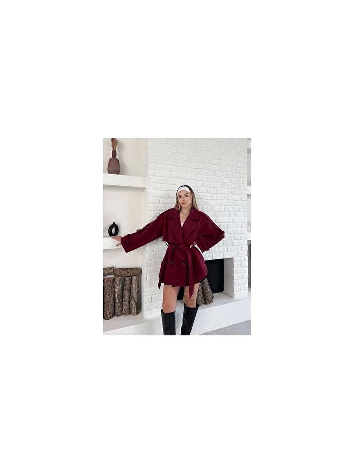 Vess Moda Kadın Bordo Kaşe Düğme ve Kuşak Detaylı Oversize Kısa Kaban Kruvaze Yaka - Görsel 2