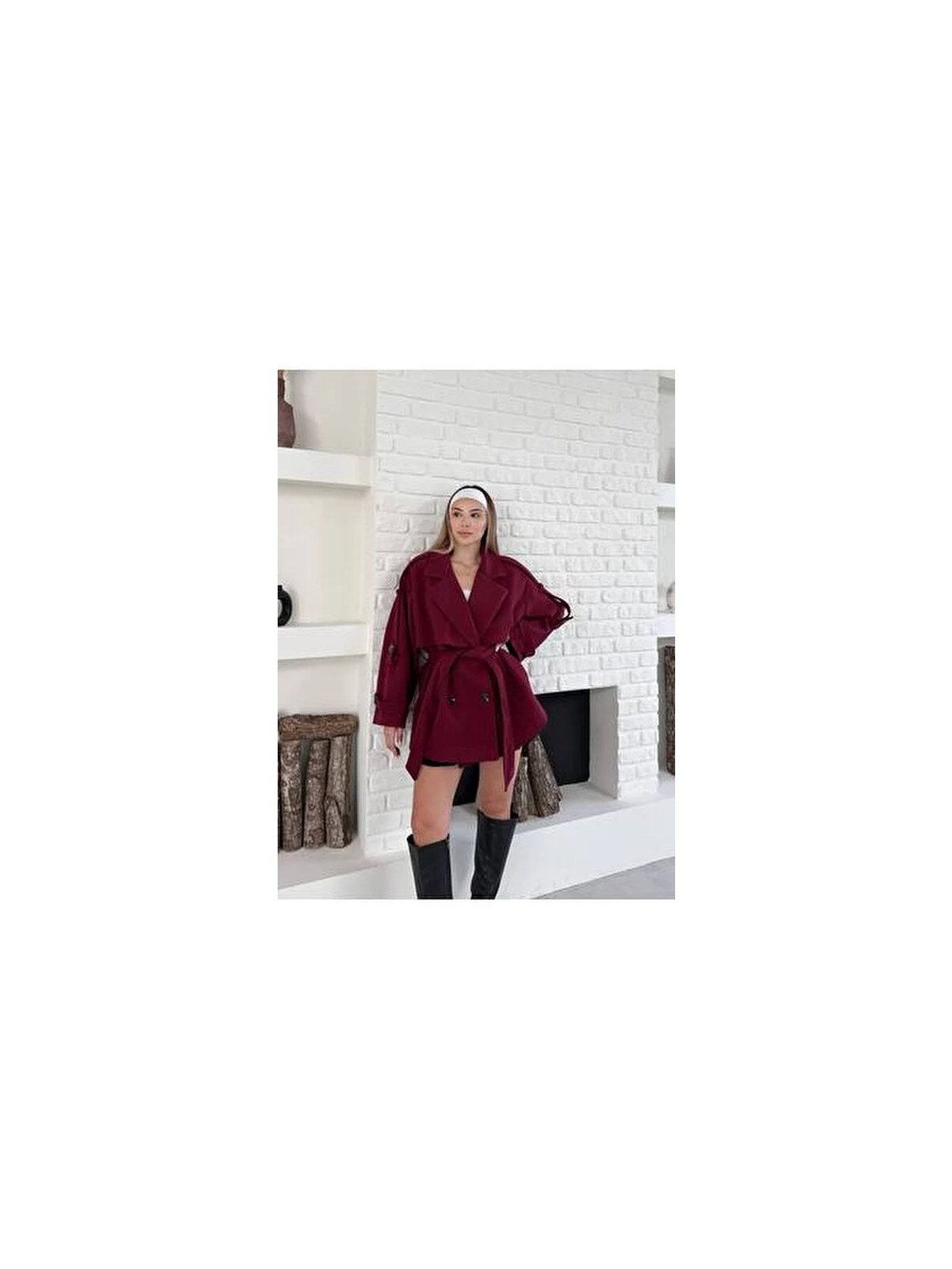 Vess Moda Kadın Bordo Kaşe Düğme ve Kuşak Detaylı Oversize Kısa Kaban Kruvaze Yaka - Görsel 3