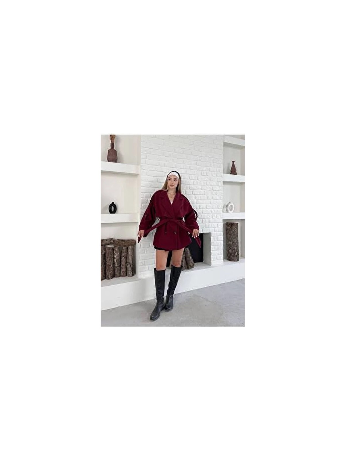 Vess Moda Kadın Bordo Kaşe Düğme ve Kuşak Detaylı Oversize Kısa Kaban Kruvaze Yaka - Görsel 4