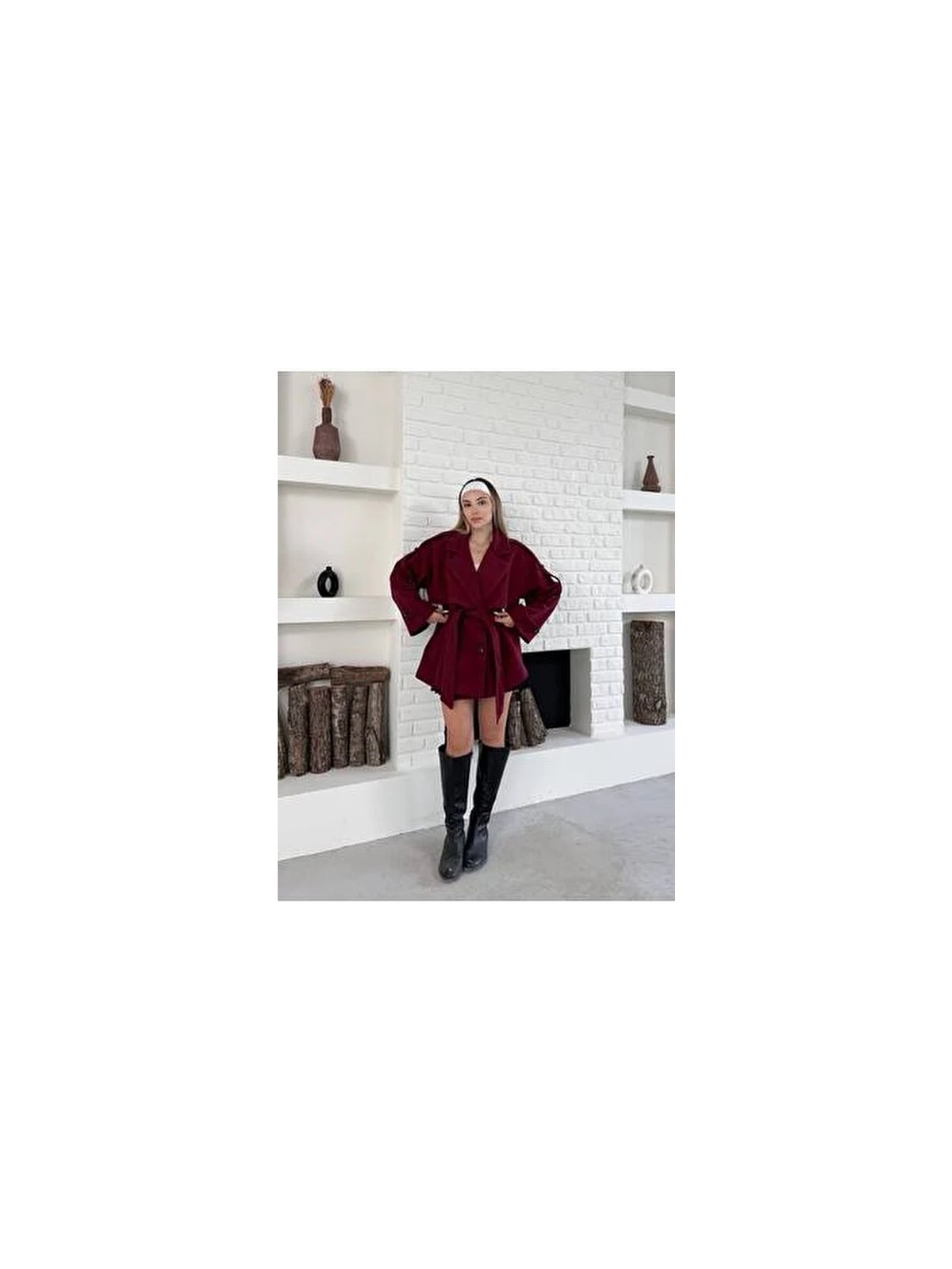 Vess Moda Kadın Bordo Kaşe Düğme ve Kuşak Detaylı Oversize Kısa Kaban Kruvaze Yaka - Görsel 5
