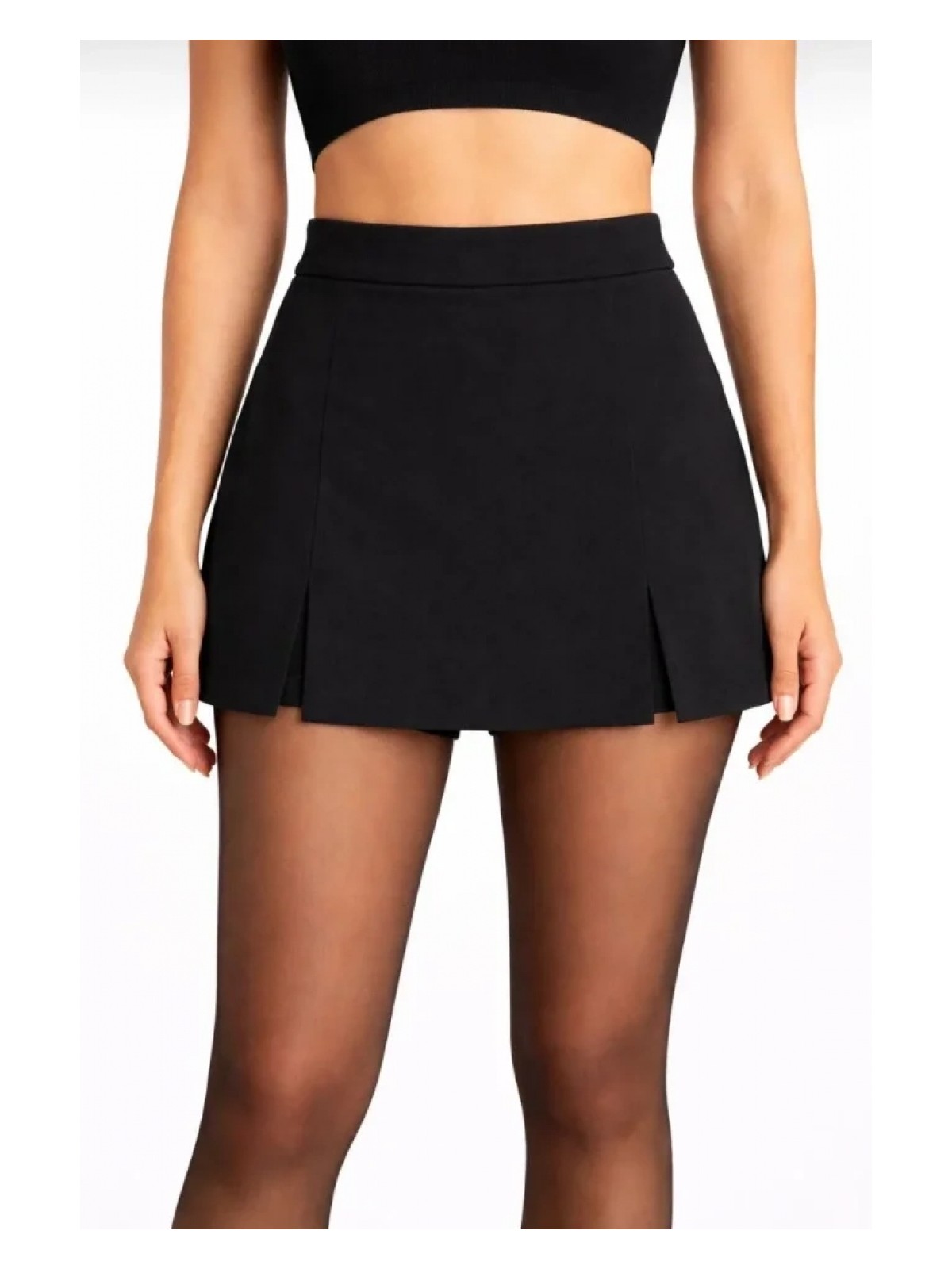 Marsilyan- Siyah Krep Kumaş Şortlu Etek Mini Boy Yırtmaç Detaylı Yüksek Bel Günlük Şık Tasarım - Siyah