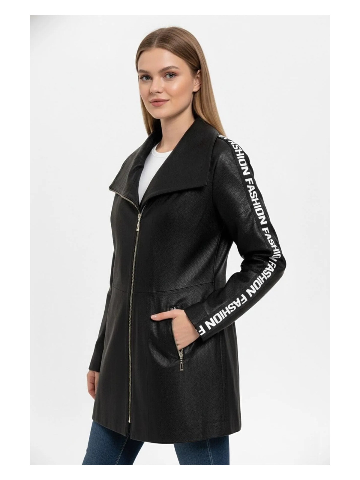 Deriderim Siyah Lori Önden Çapraz Fermuarlı Kemerli Reglan Kol Fashion Yazılı Hakiki Deri Kadın Kaban