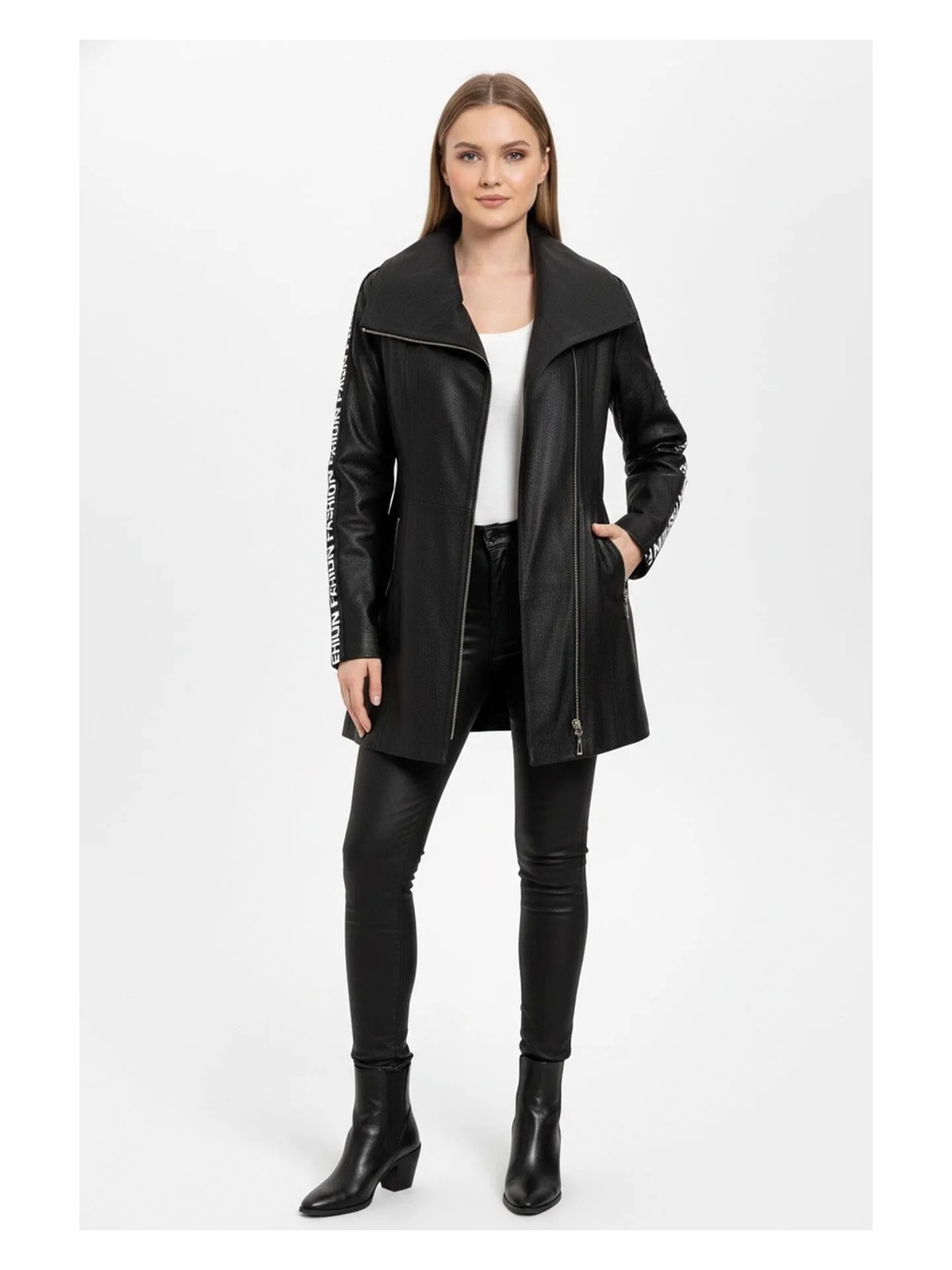 Deriderim Siyah Lori Önden Çapraz Fermuarlı Kemerli Reglan Kol Fashion Yazılı Hakiki Deri Kadın Kaban - Görsel 2