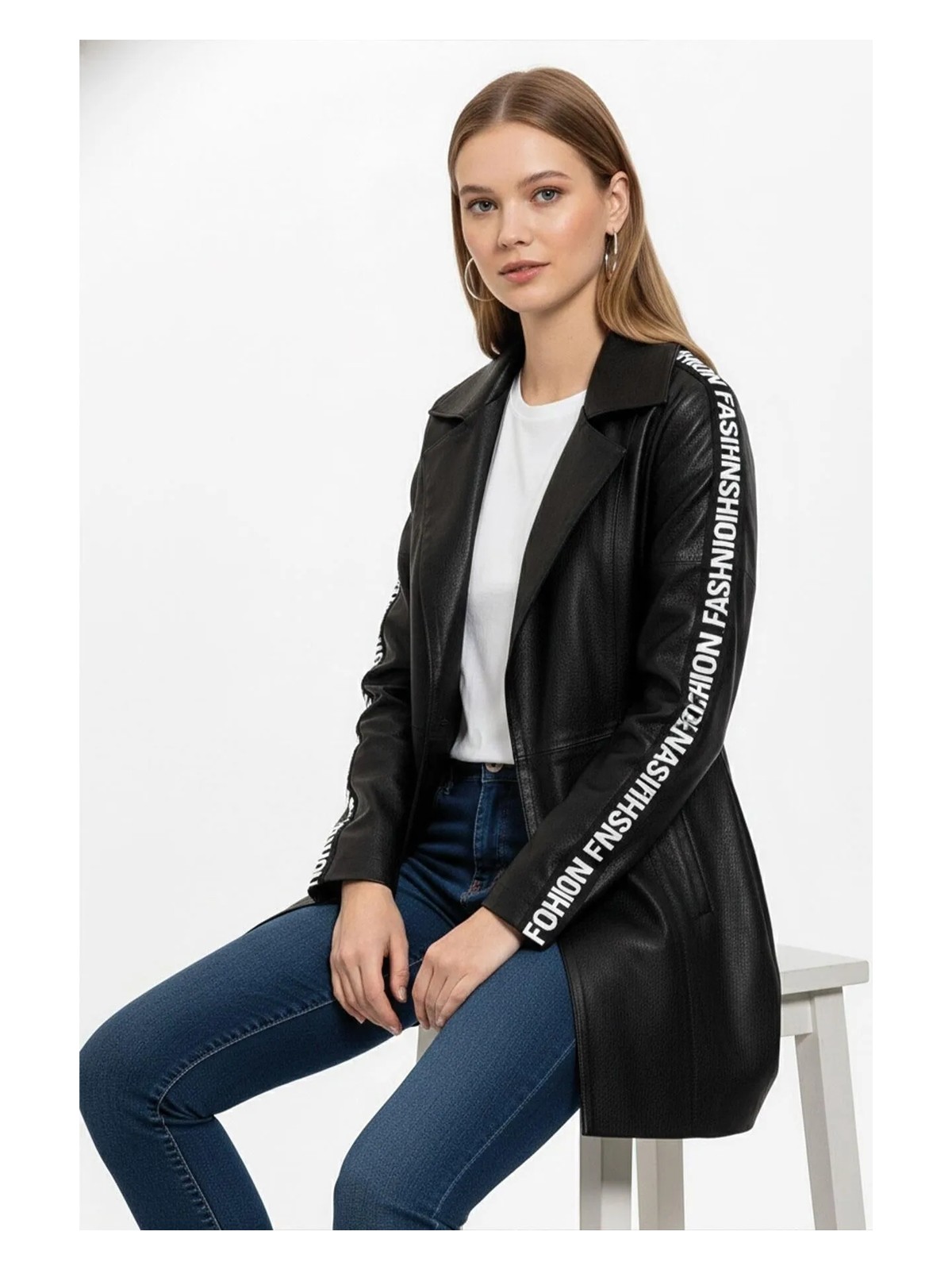 Deriderim Siyah Lori Önden Çapraz Fermuarlı Kemerli Reglan Kol Fashion Yazılı Hakiki Deri Kadın Kaban - Görsel 4