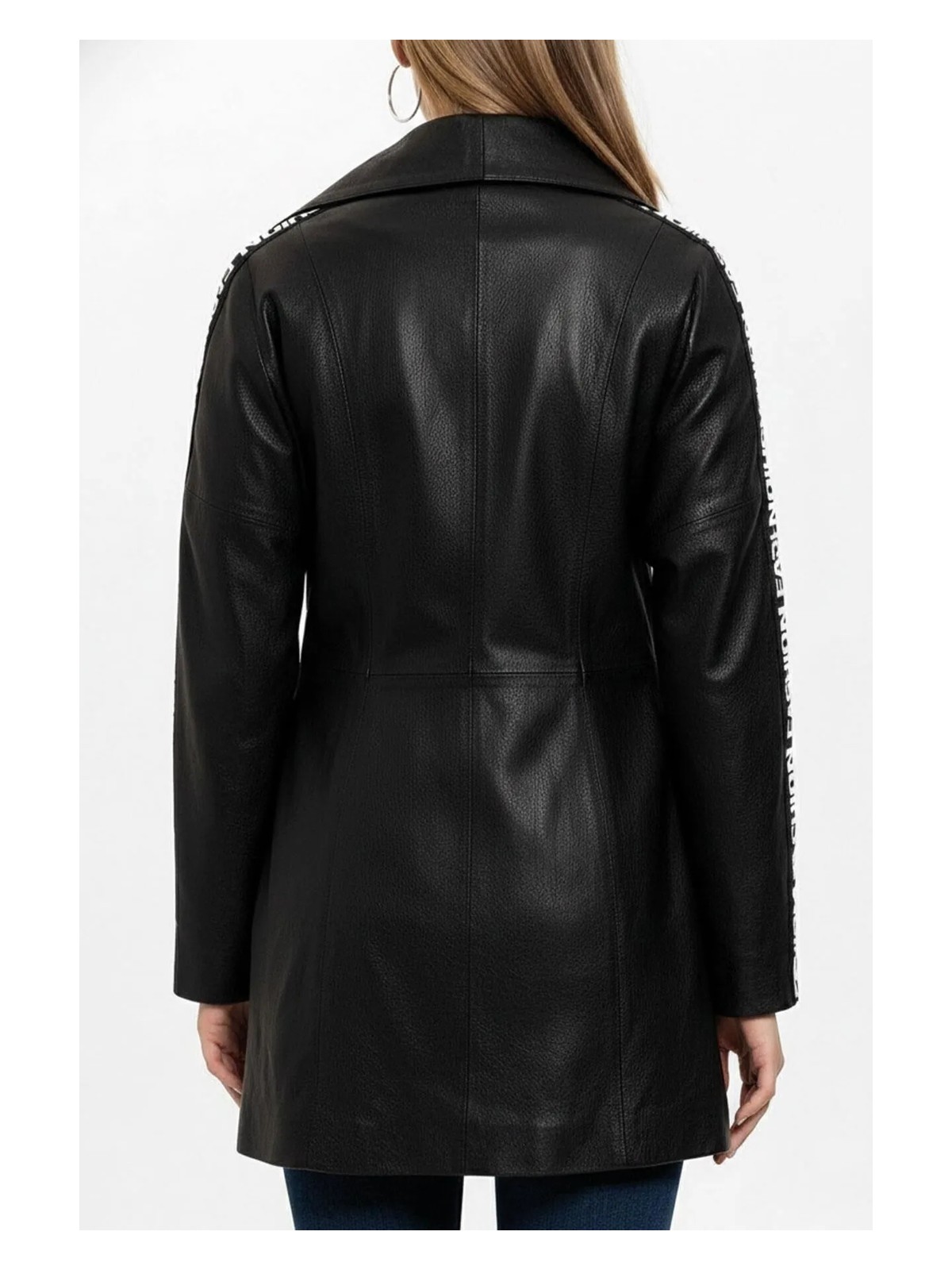 Deriderim Siyah Lori Önden Çapraz Fermuarlı Kemerli Reglan Kol Fashion Yazılı Hakiki Deri Kadın Kaban - Görsel 5