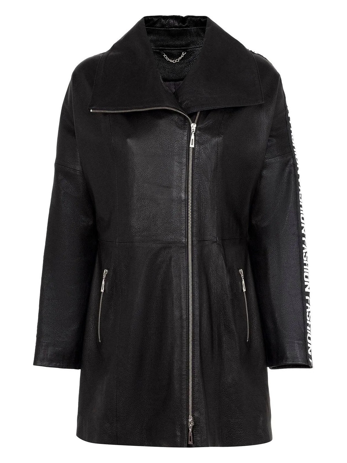 Deriderim Siyah Lori Önden Çapraz Fermuarlı Kemerli Reglan Kol Fashion Yazılı Hakiki Deri Kadın Kaban - Görsel 6