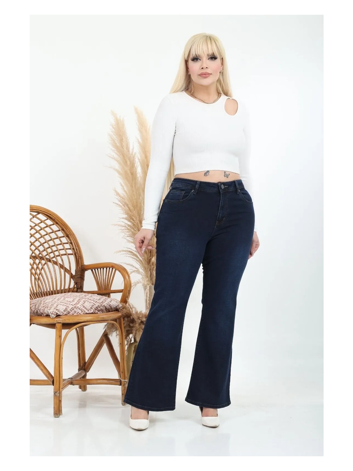 E Collection Ispanyol Paça Likralı Büyük Beden Jeans Pantolon