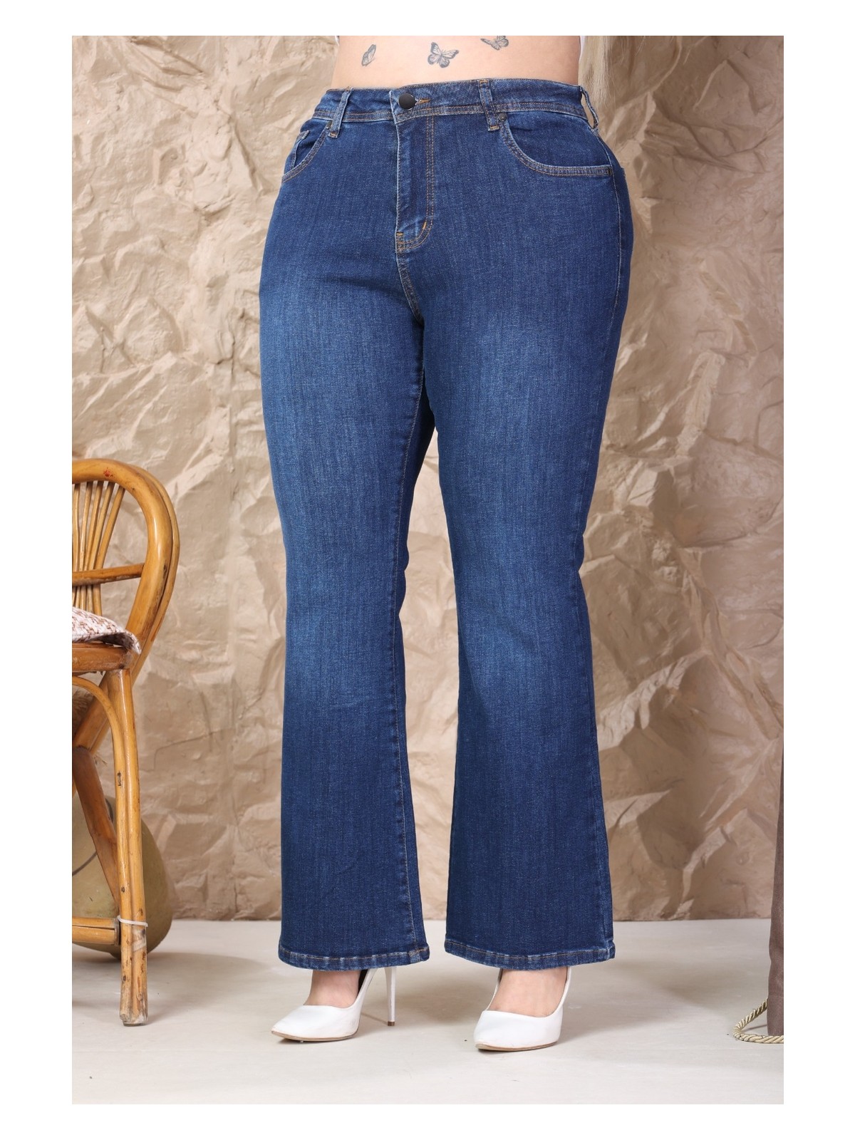 E Collection Ispanyol Paça Likralı Büyük Beden Jeans Pantolon