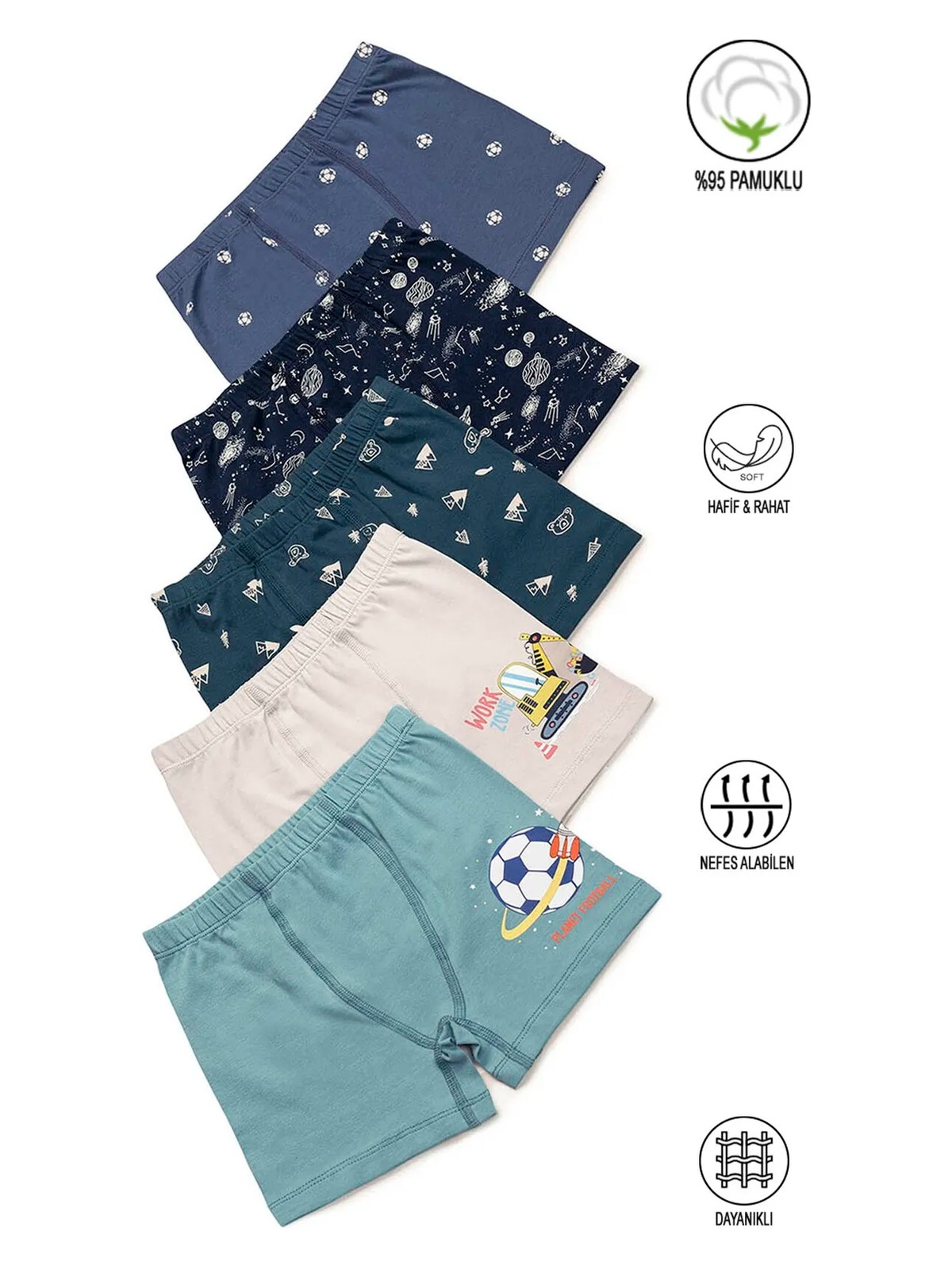 Özkan Underwear Özkan 31802 5'li Paket Erkek Çocuk Pamuklu Karışık Renkli Desenli Yumuşak Rahat Şort Boxer - Görsel 3