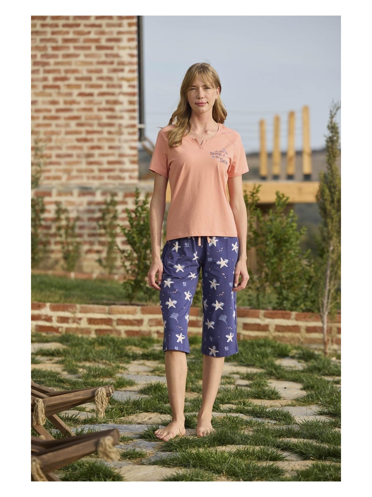 İlk El Grup Ieg™ Deniz Yıldızı Desenli ve Baskılı Önü Düğmeli "listen The Song Of The Sea" Kapri Tak�