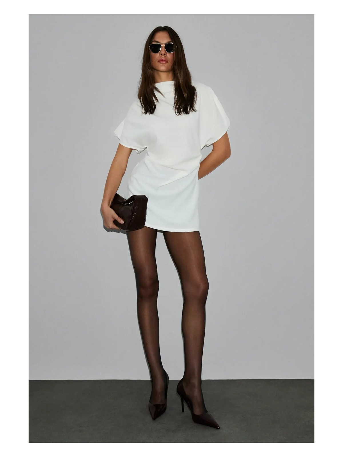 Grimelange Maxıne Kadın Drape Detaylı Omuzdan Geniş Belden Aşağı Oturan Esnek Krep Örme Kumaşlı Mini Siyah Elbi - Görsel 6