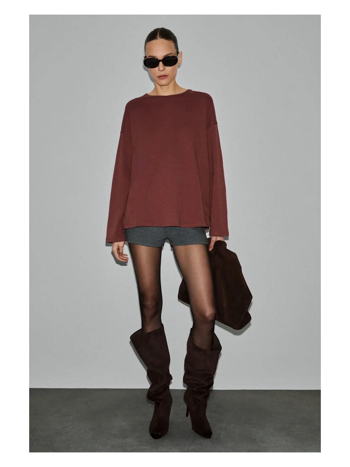 Grimelange Neat Kadın Organik Pamuklu Bisiklet Yaka Oversize Fit Uzun Kollu Kiremit Rengi T-Shirt