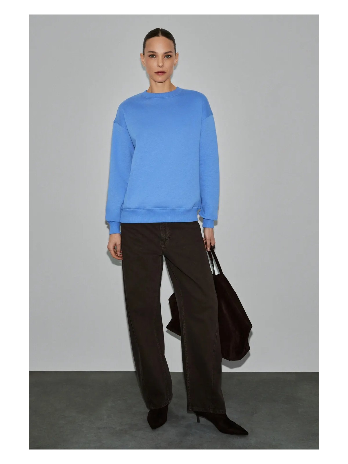 Grimelange Vaneltına Kadın Organik Pamuklu Yumuşacık Içi Polarlı Yuvarlak Yakalı Mavi Sweatshirt