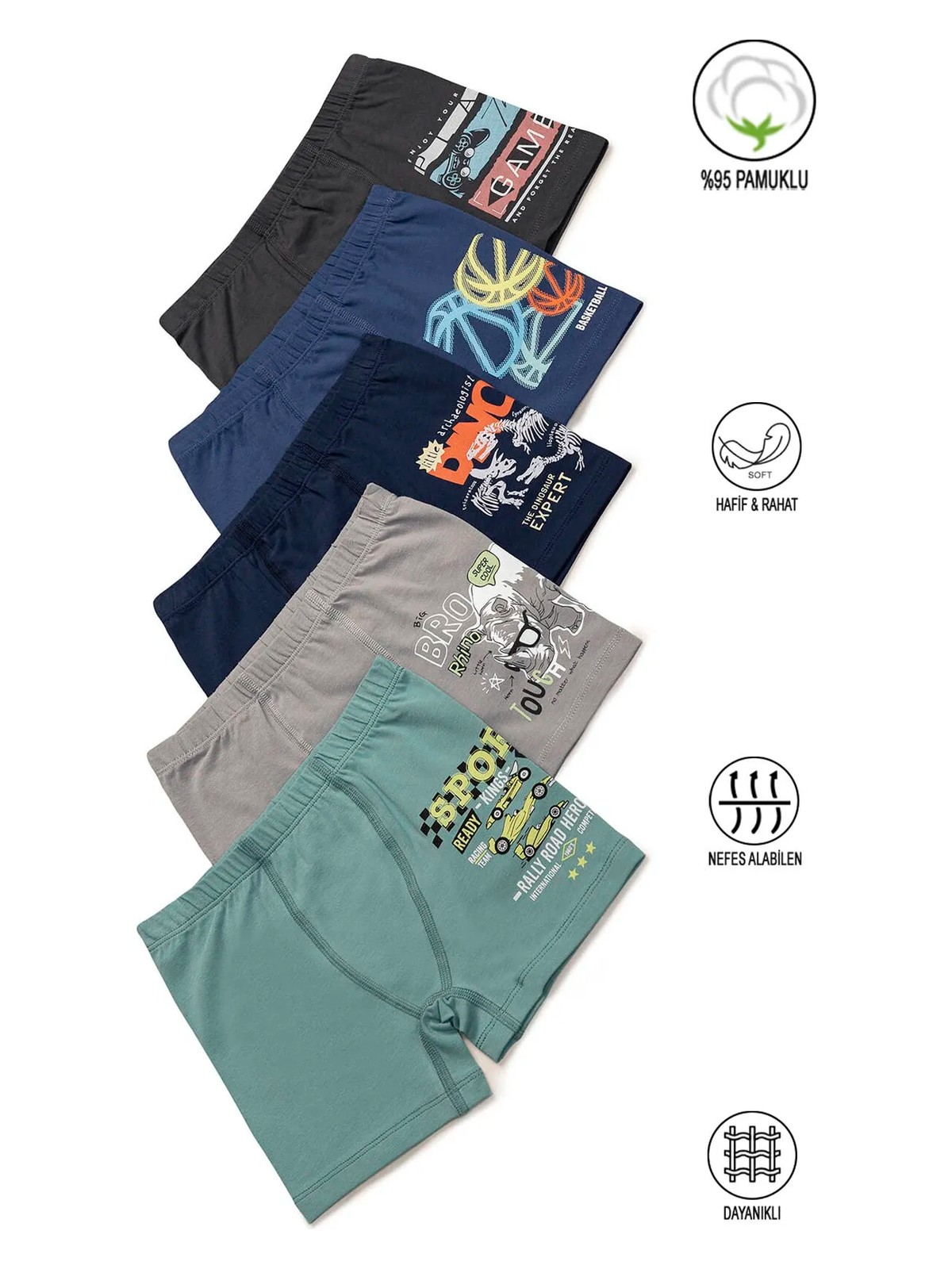 Özkan Underwear Özkan 31802 5'li Paket Erkek Çocuk Pamuklu Karışık Renkli Desenli Yumuşak Rahat Şort Boxer