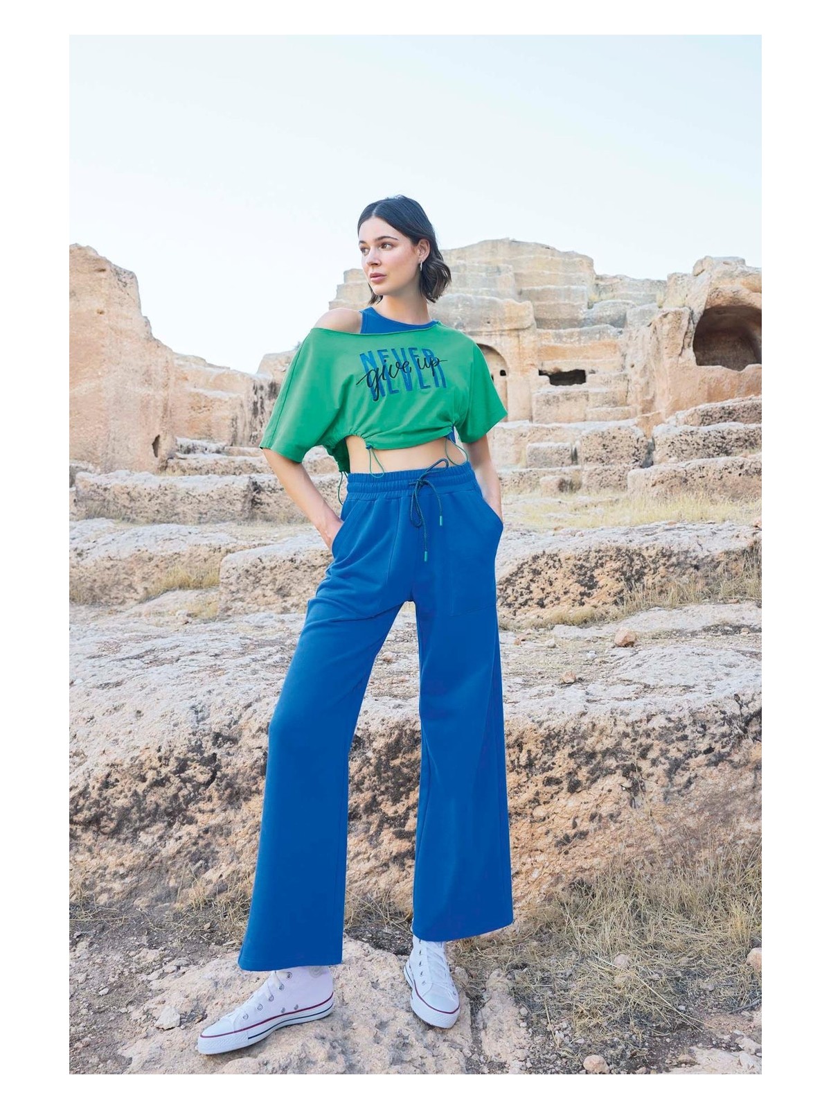 Marsilyan Kısa Kollu "never Give Up" 3'lü Crop Eşofman Takımı