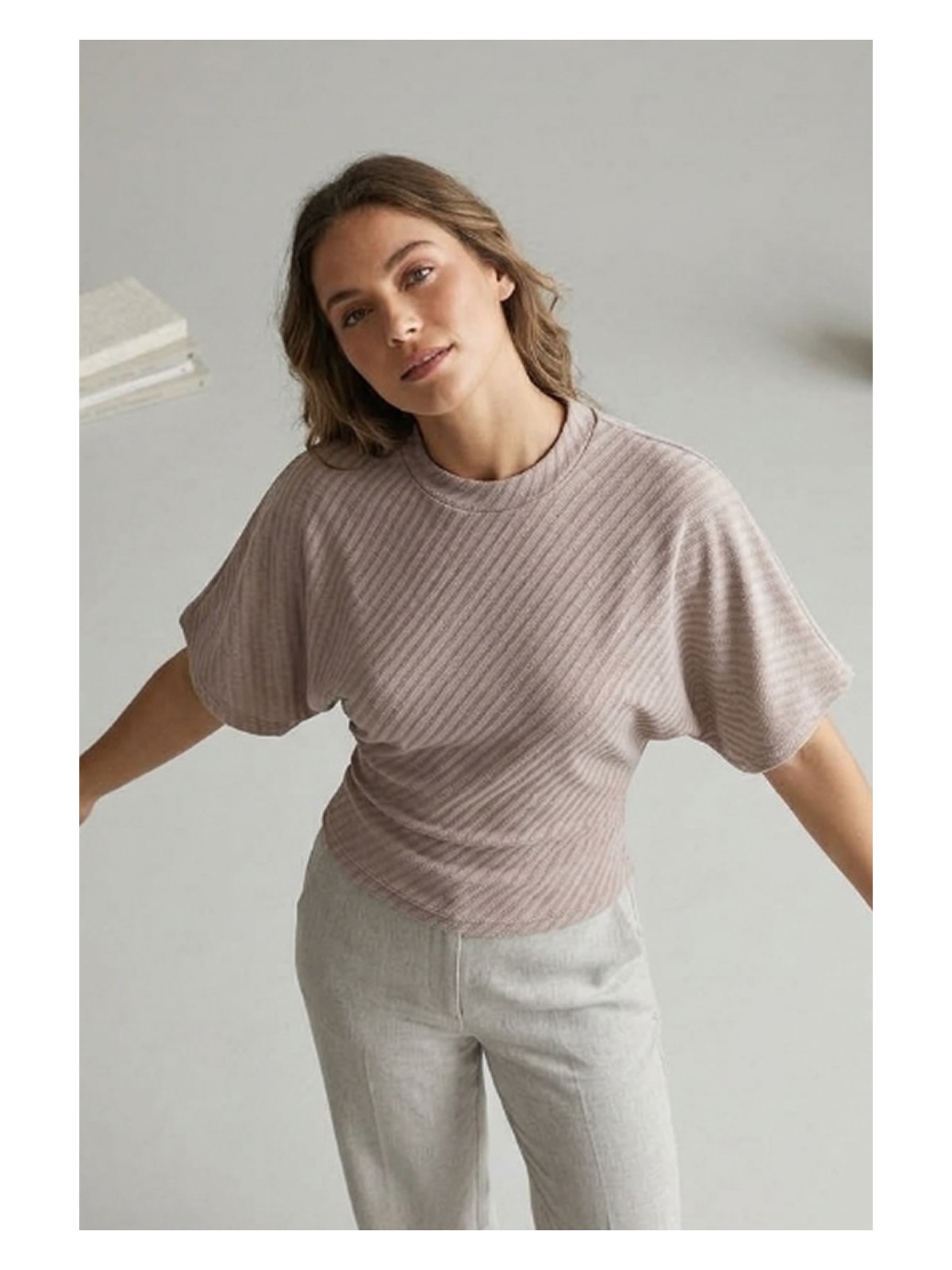 Şiir Wonsa Slim Fit Bele Oturan Geniş Kollu Doğal Viskon Karışımlı Diagonal Jakar Top & Kadın Bluz - - Görsel 5