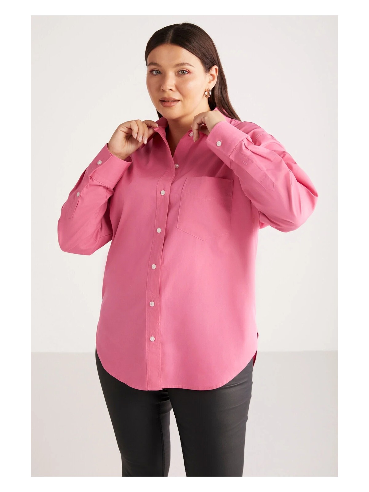 Ethiquet Susan Kadın Büyük Beden Poplin Manşetli Oversize Pembe Büyük Beden Gömlek
