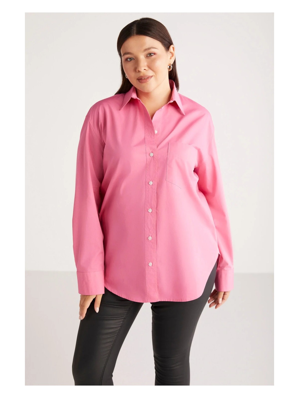 Ethiquet Susan Kadın Büyük Beden Poplin Manşetli Oversize Pembe Büyük Beden Gömlek - Görsel 3