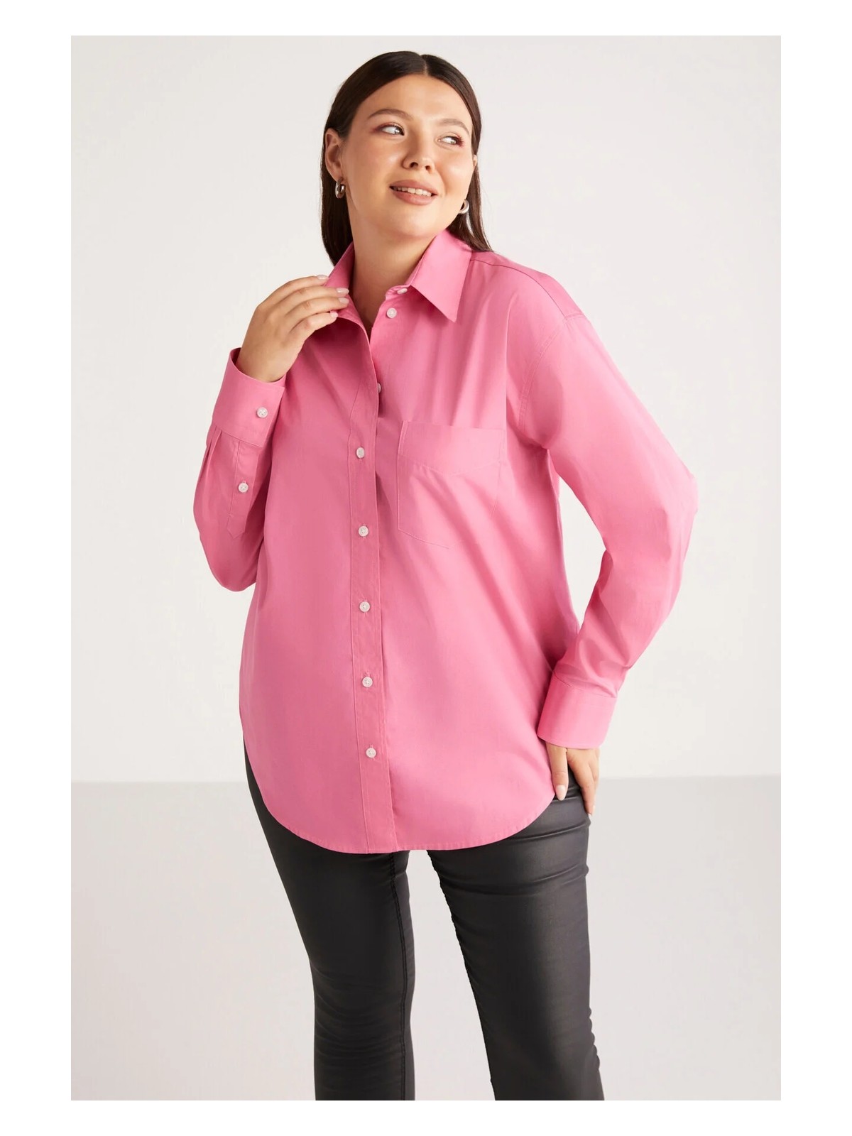 Ethiquet Susan Kadın Büyük Beden Poplin Manşetli Oversize Pembe Büyük Beden Gömlek - Görsel 5
