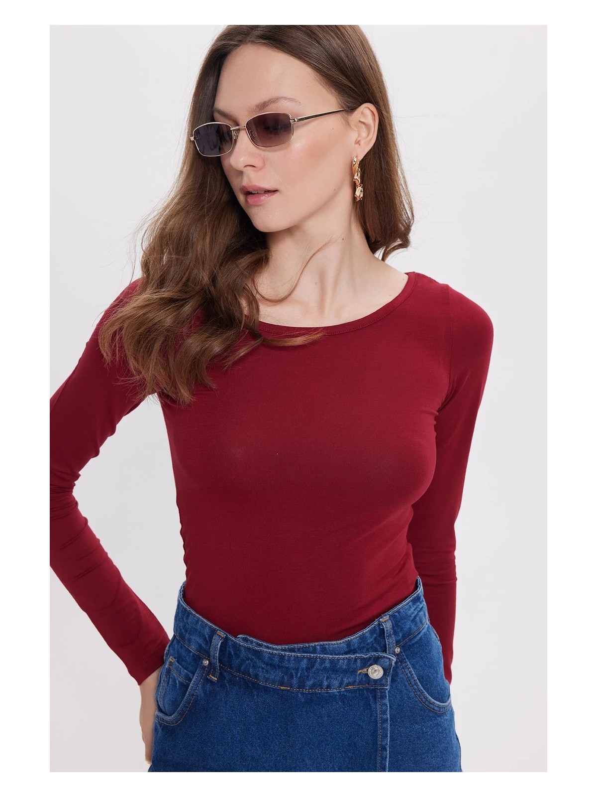 Tudors Kadın Slim Fit Dar Kesim Uzun Kollu Viskon Bordo Bluz - Görsel 6