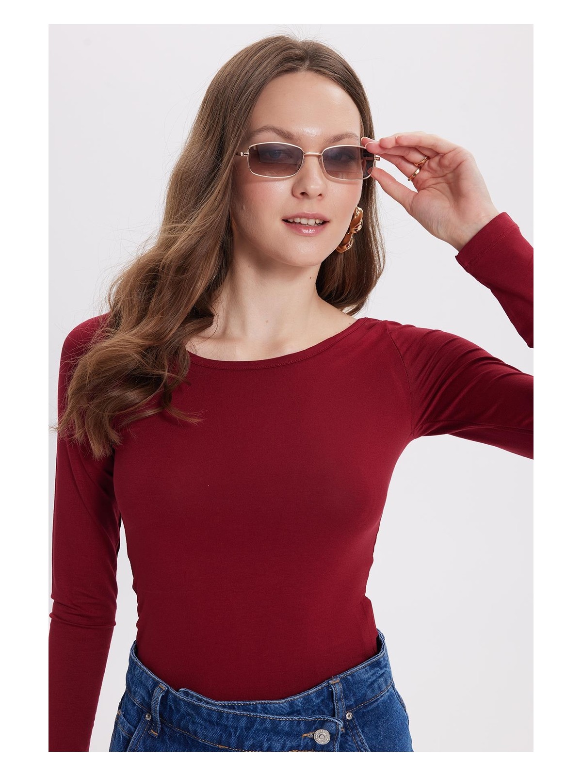 Tudors Kadın Slim Fit Dar Kesim Uzun Kollu Viskon Bordo Bluz - Görsel 7