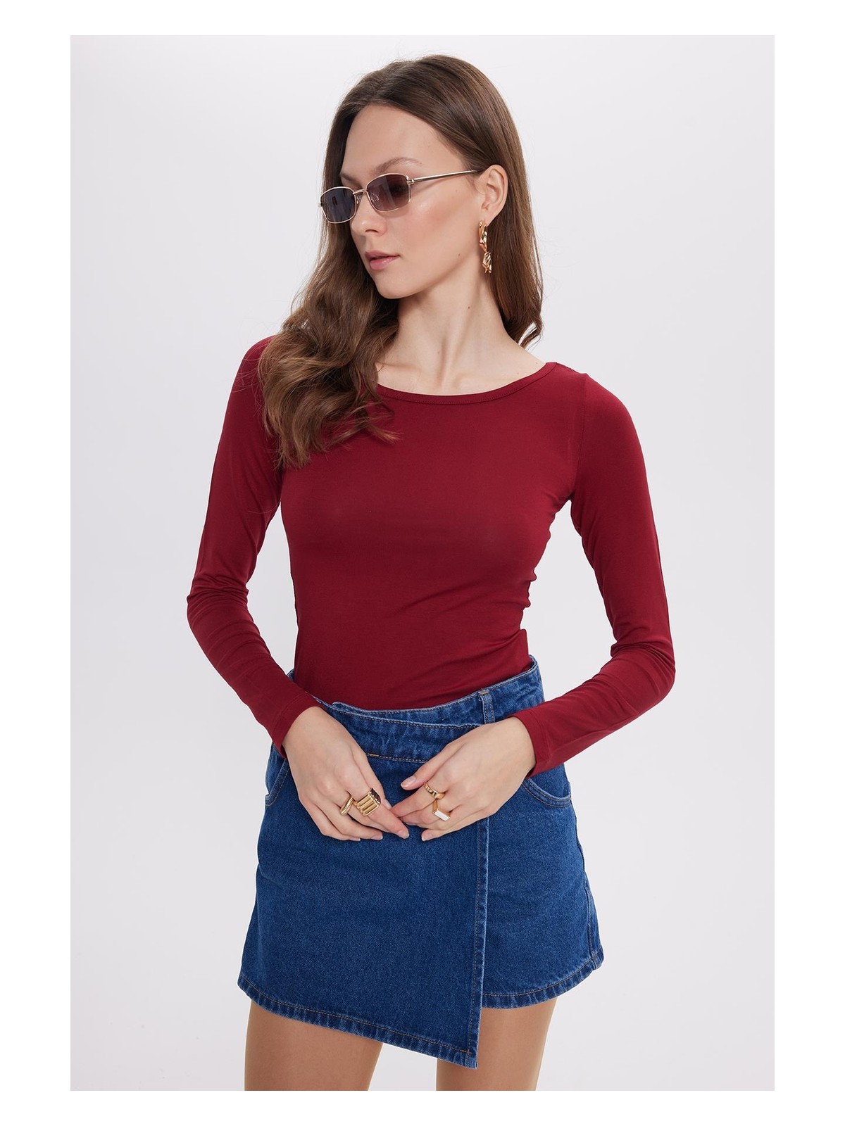 Tudors Kadın Slim Fit Dar Kesim Uzun Kollu Viskon Bordo Bluz - Görsel 10