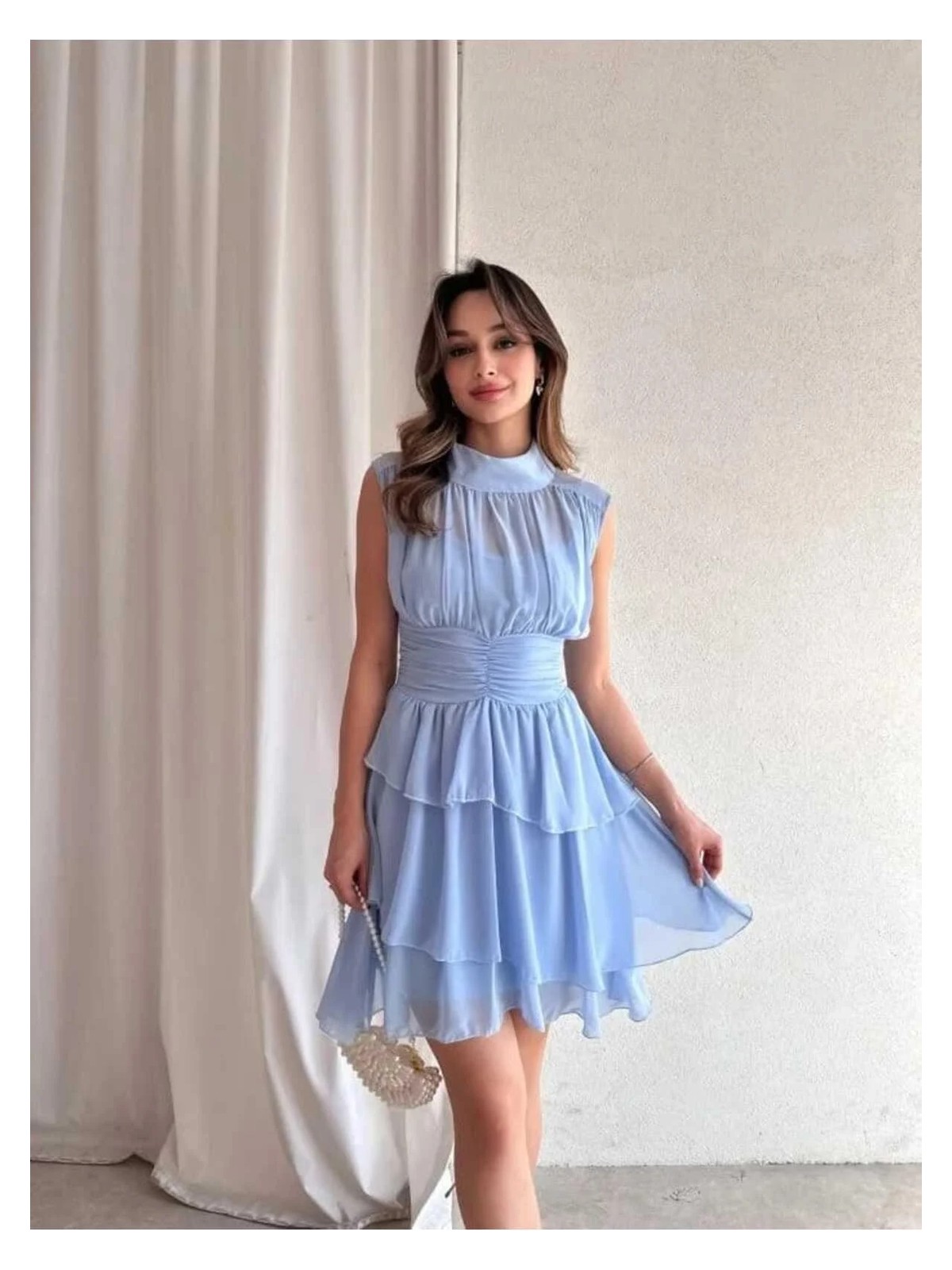 Moda Durağı Massimo Drapeli,dik Yaka,kolsuz,mini,fermuar Kapamalı,premium Kaliteli Şifon Elbise Mavi