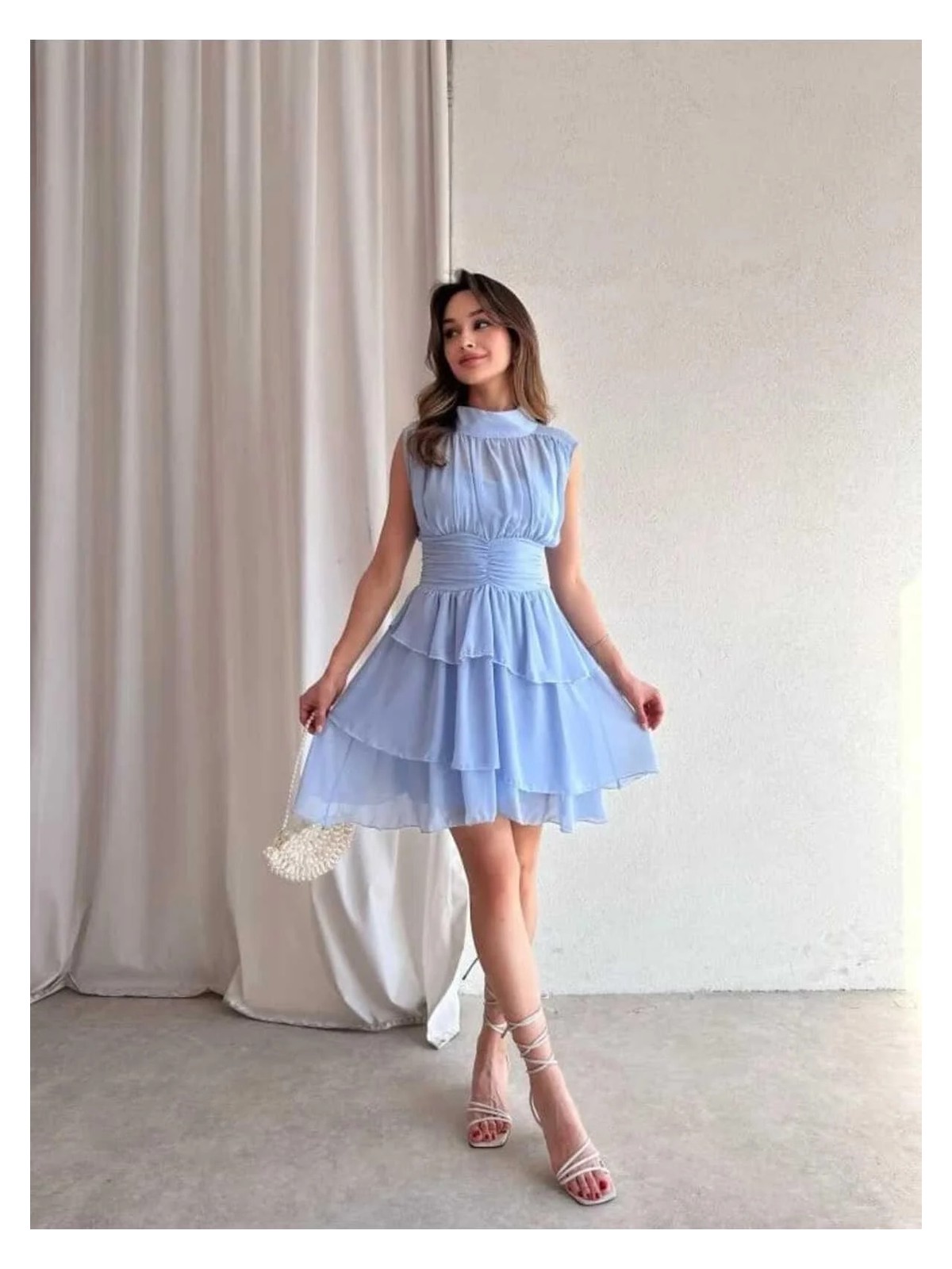 Moda Durağı Massimo Drapeli,dik Yaka,kolsuz,mini,fermuar Kapamalı,premium Kaliteli Şifon Elbise Mavi - Görsel 2