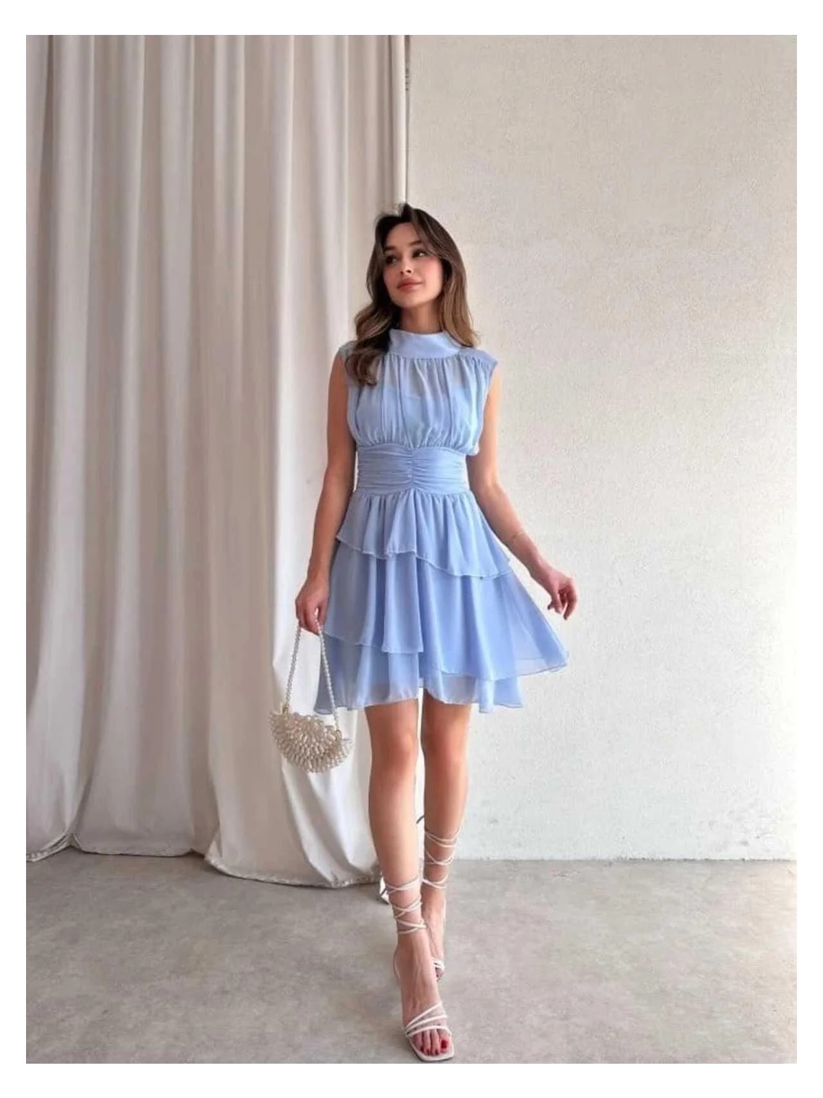 Moda Durağı Massimo Drapeli,dik Yaka,kolsuz,mini,fermuar Kapamalı,premium Kaliteli Şifon Elbise Mavi - Görsel 3