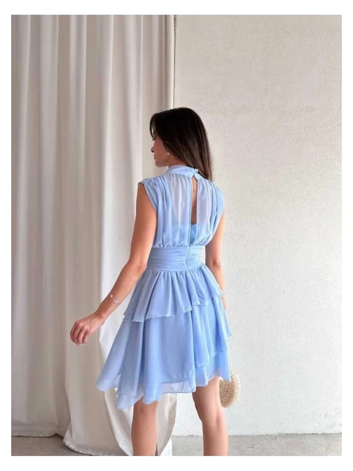 Moda Durağı Massimo Drapeli,dik Yaka,kolsuz,mini,fermuar Kapamalı,premium Kaliteli Şifon Elbise Mavi - Görsel 4