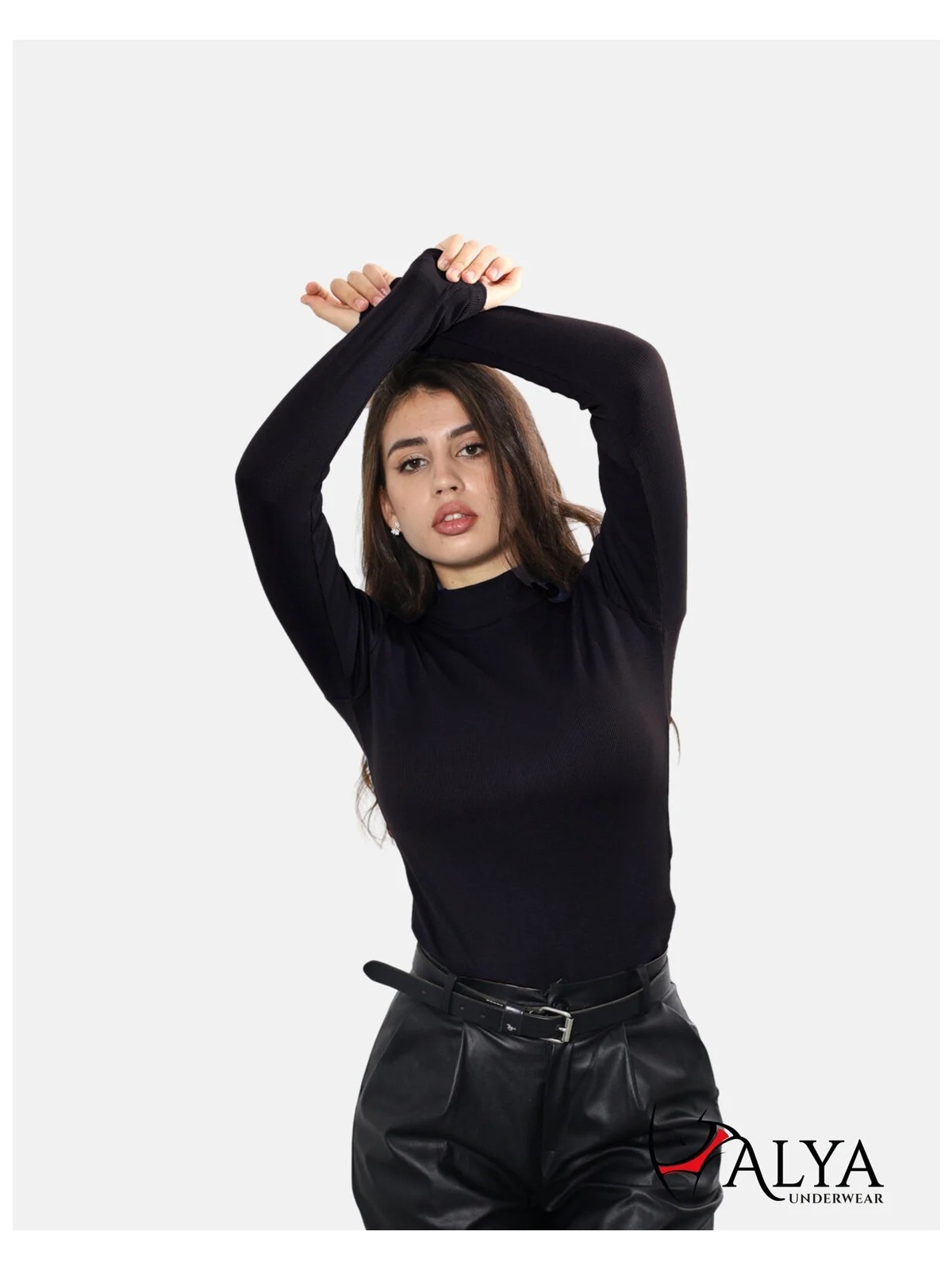Alya Underwear Kaşkorse Yarım Boğazlı Body Sweatshirt, Siyah