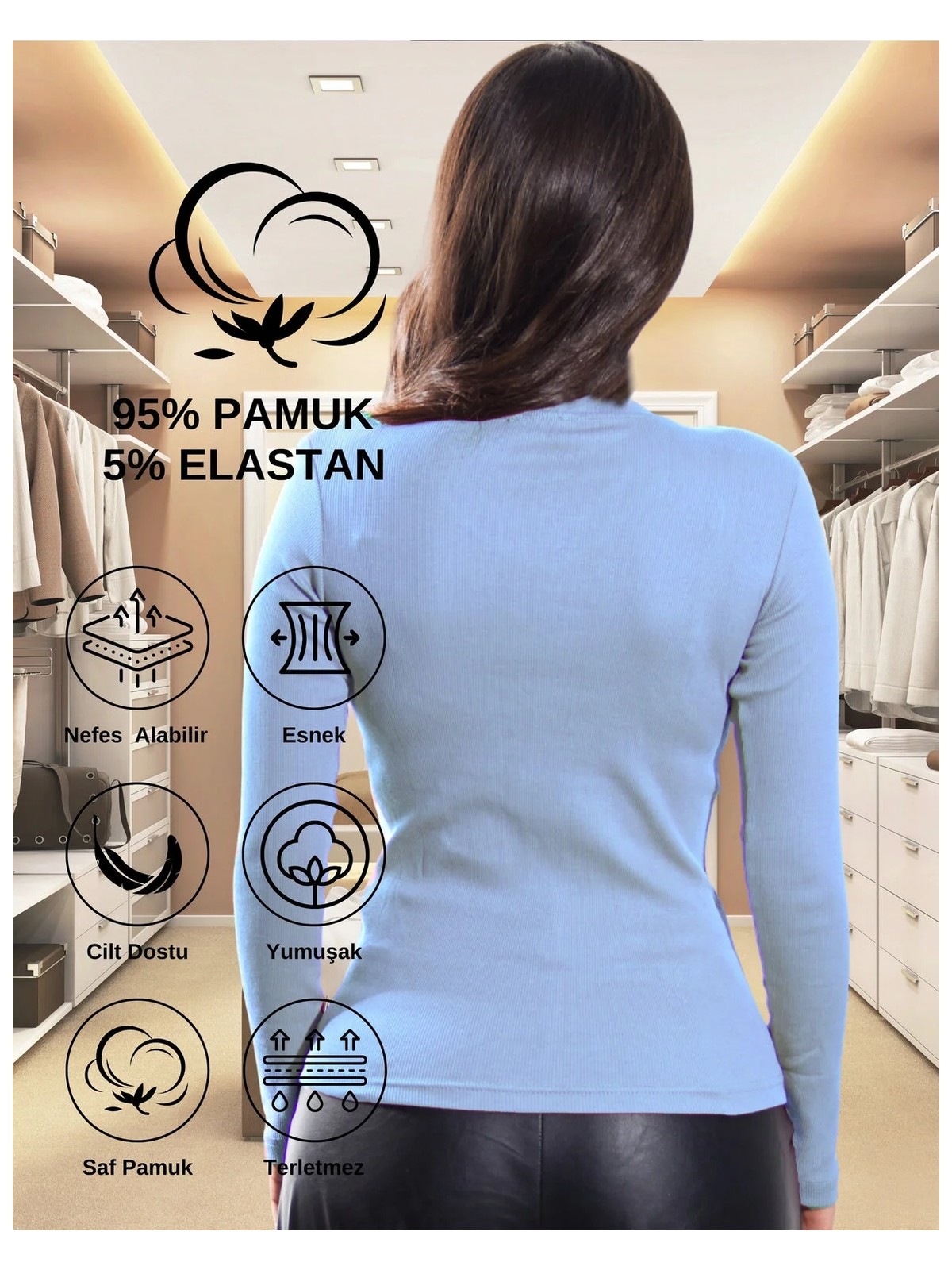 Alya Underwear Kaşkorse Yarım Boğazlı Body Sweatshirt, Gök Mavi - Görsel 3