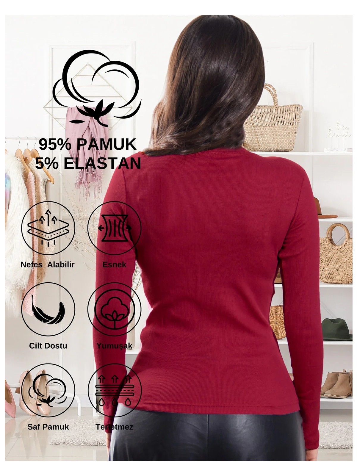 Alya Underwear Kaşkorse Yarım Boğazlı Body Sweatshirt, Bordo - Görsel 3